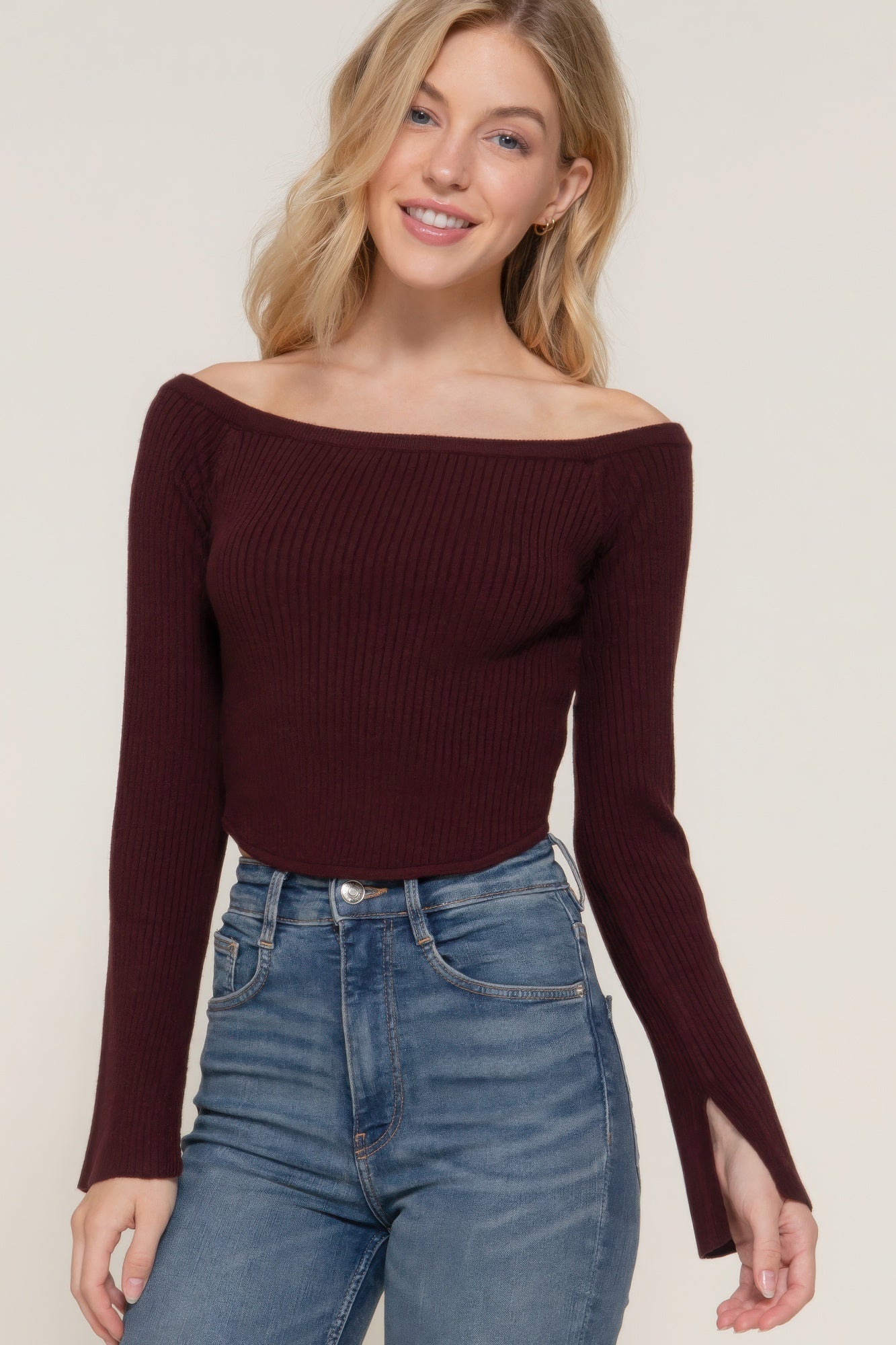 Women's Long Flare Sleeve Off Shoulder Corset Hem Cropped Sweater Top