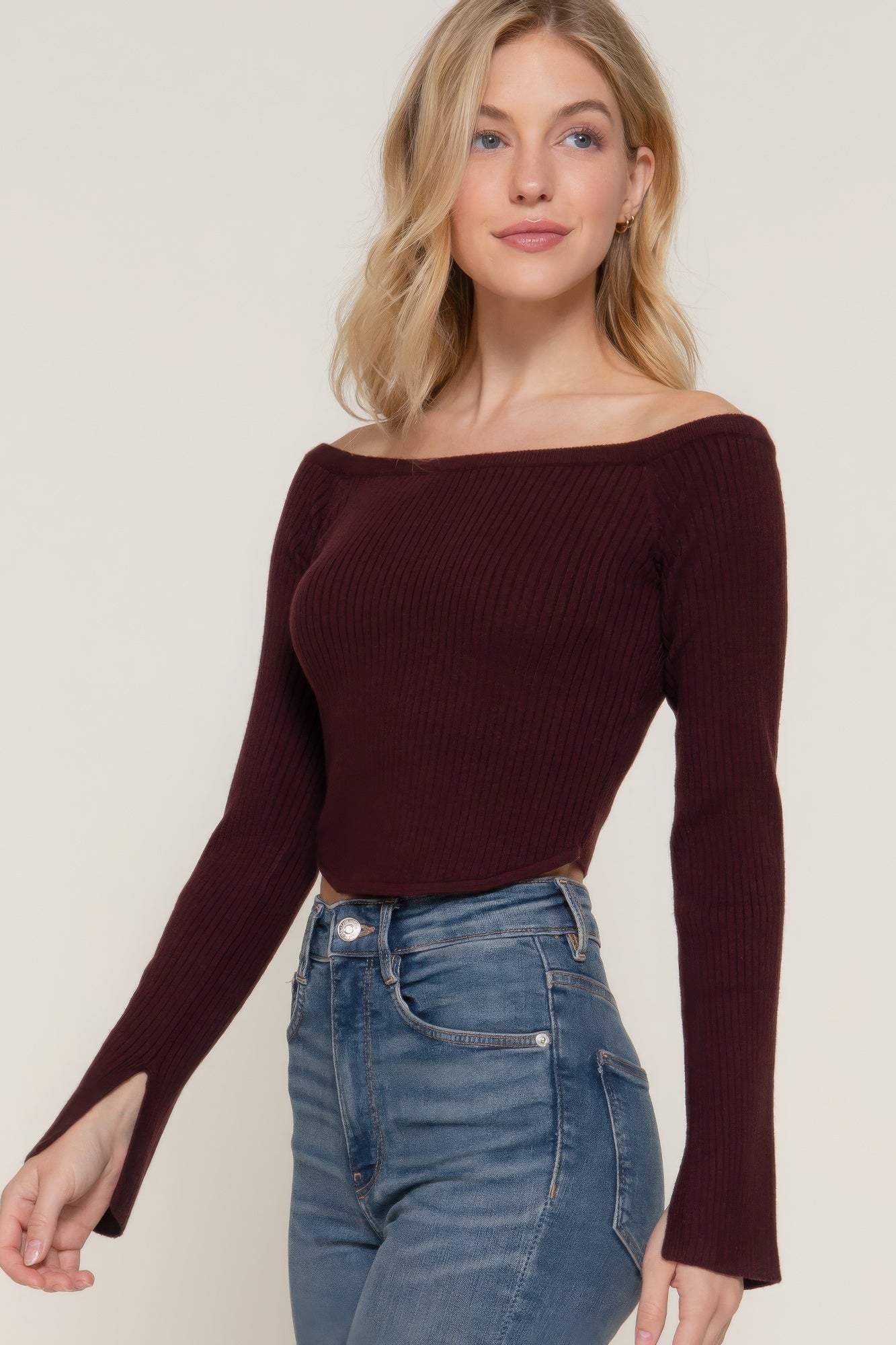 Women's Long Flare Sleeve Off Shoulder Corset Hem Cropped Sweater Top
