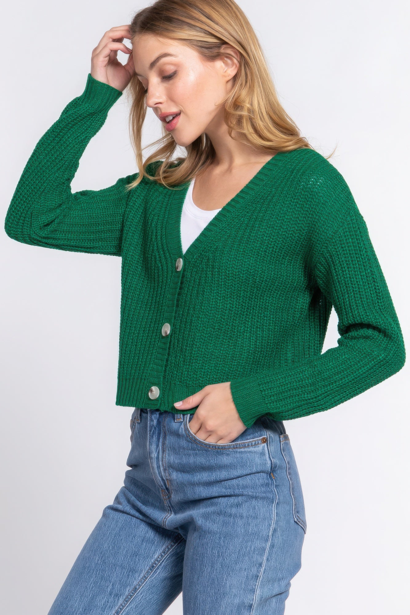 Women's Long Sleeve V-neck Button-Down Basic Cropped Cardigan Sweater (S-L)