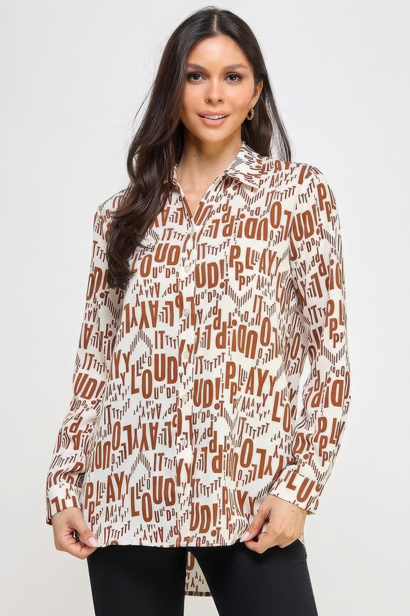Women's Printed Satin Tunic Top Long Sleeve Button Casual Shirt