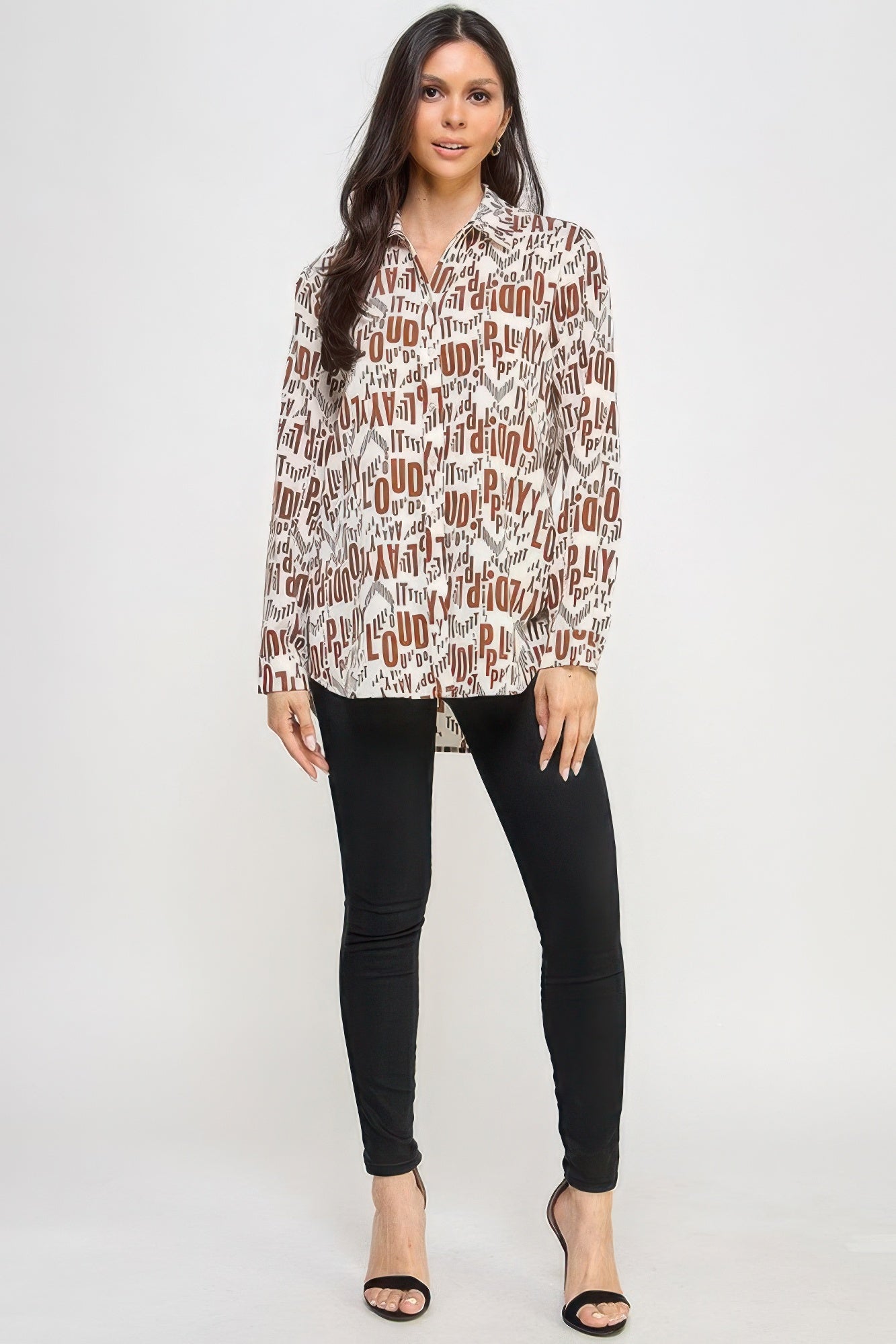Women's Printed Satin Tunic Top Long Sleeve Button Casual Shirt