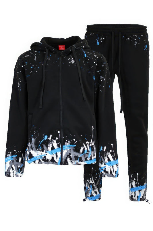 Men's Paint Splatter Fleece Tracksuit Set Hoodie Top Zipper Jacket & Sweatpants
