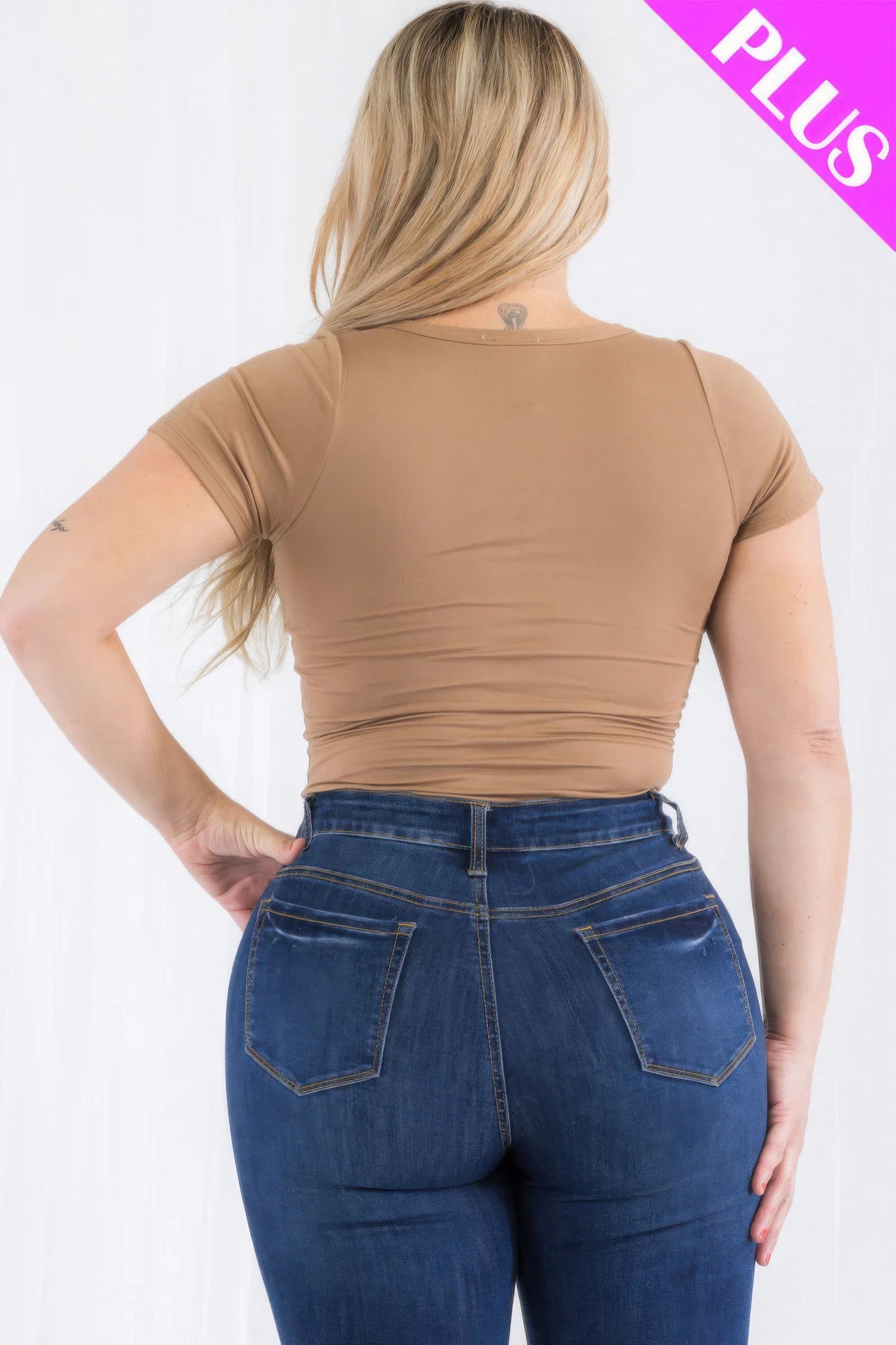 Women's Plus Short Sleeve Bodysuit Casual Split Neck Stretch T-Shirt (1X,2X,3X)