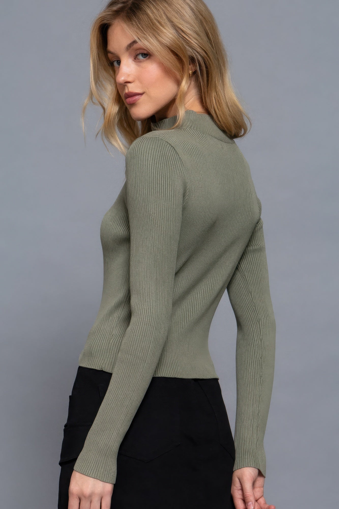 Women's Long Sleeve Sweater Two Way Open Zipper Rib Knit Stretchy Sweater