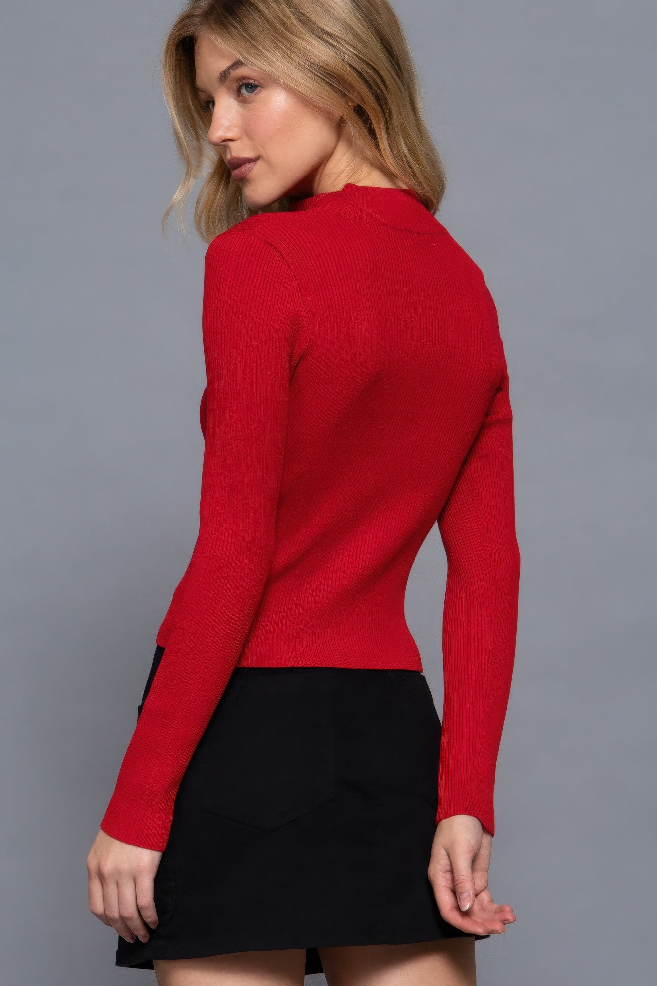 Women's Long Sleeve Sweater Two Way Open Zipper Rib Knit Stretchy Sweater