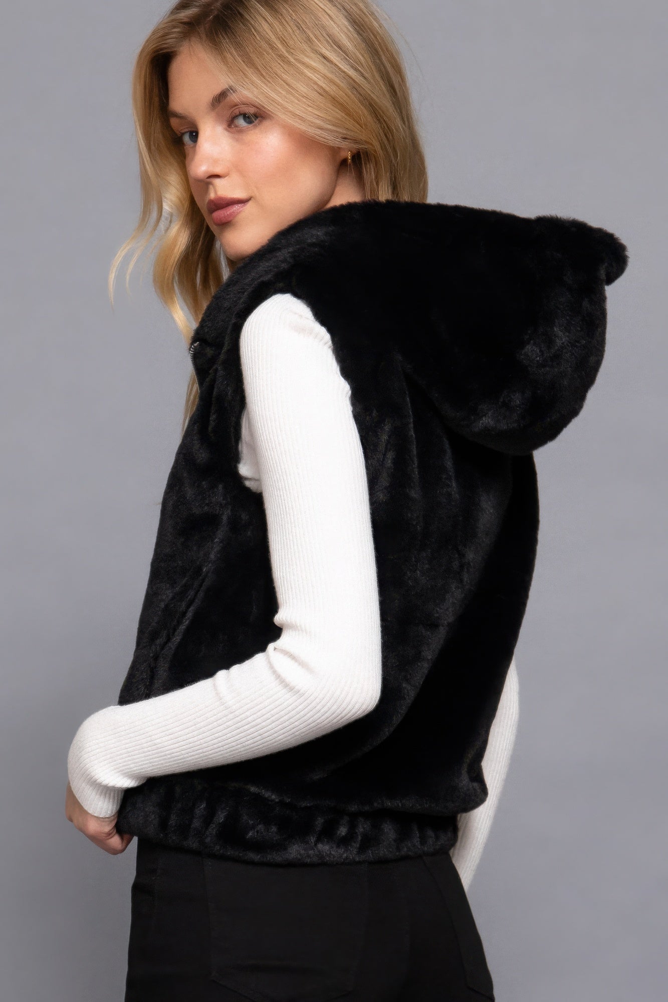 Women's Hoodie Faux Fur Vest Coat Sleeveless Waistcoat Furry Zip Up Warm Jacket