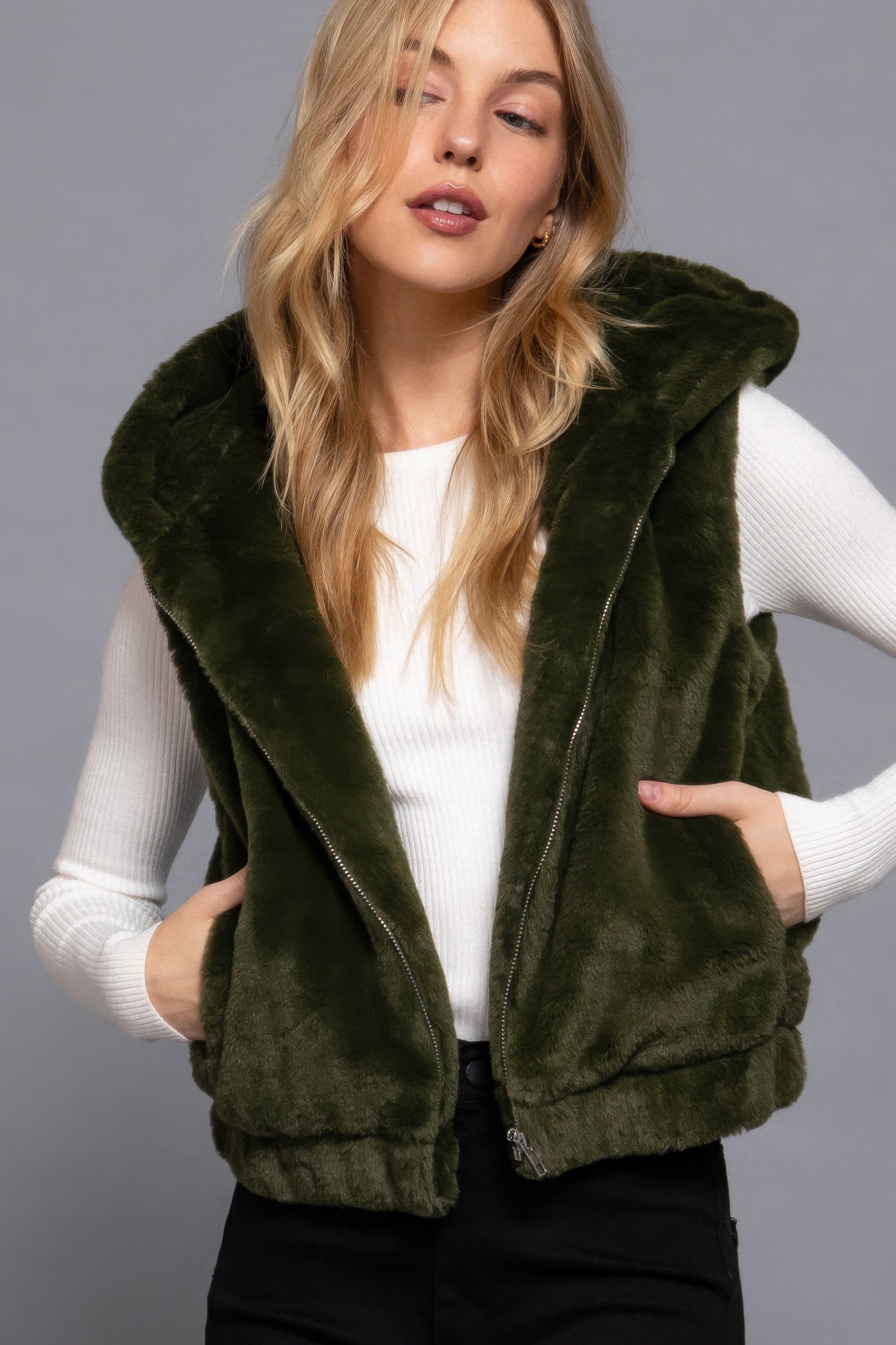 Women's Hoodie Faux Fur Vest Coat Sleeveless Waistcoat Furry Zip Up Warm Jacket