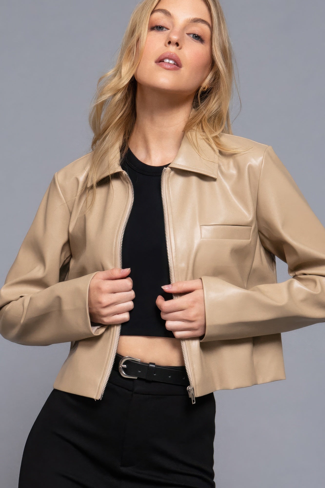 Women's Faux Leather Crop Jacket Zippered Shirt Collar Rider Moto Coat