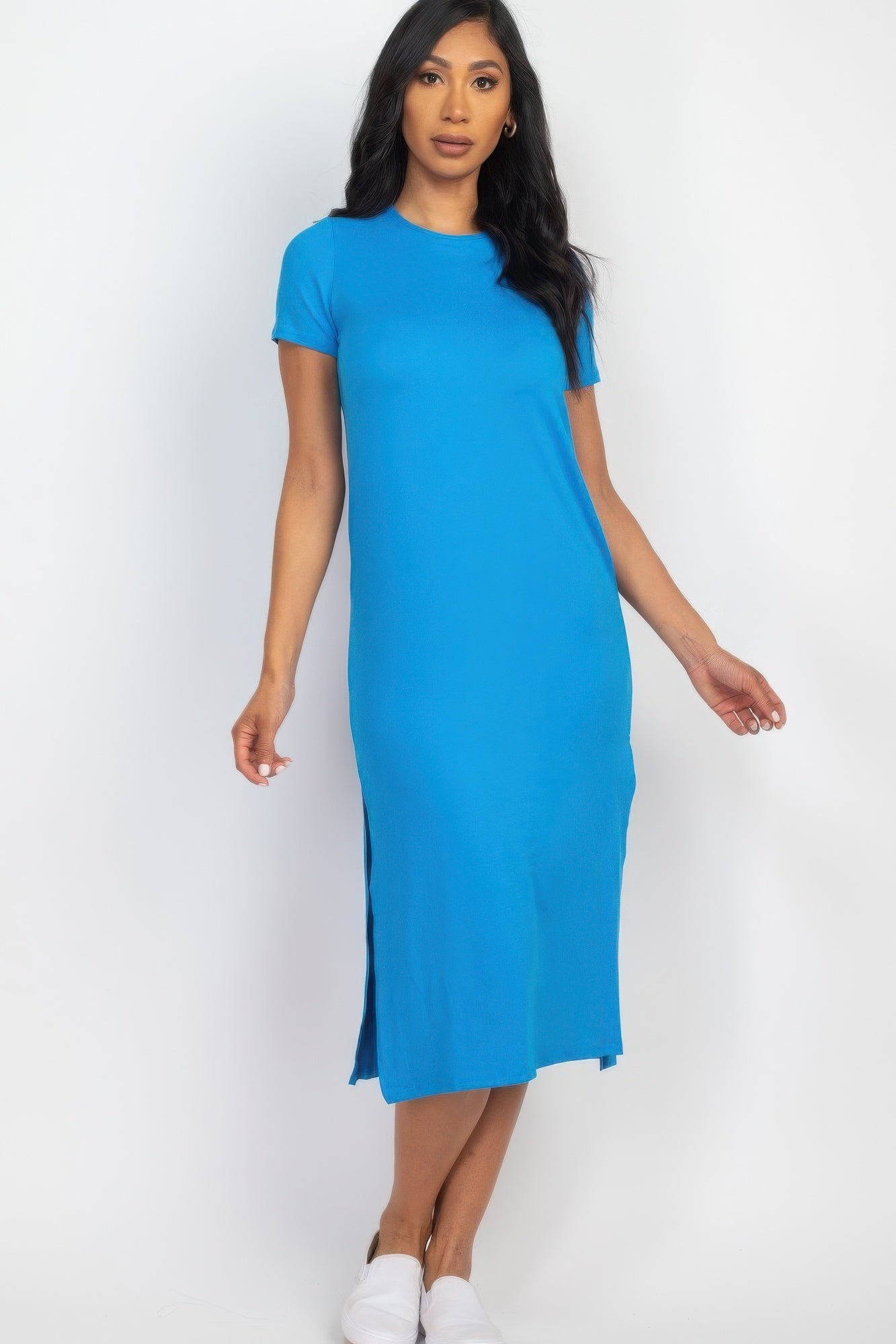 Women's Short Sleeve Crew Neck Midi Dress Side Slit Comfy Extra Long Tee Shirt