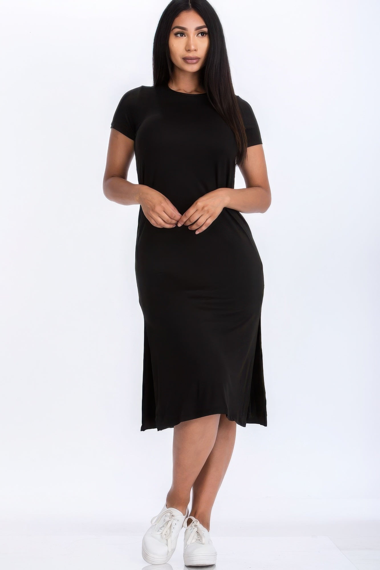 Women's Short Sleeve Crew Neck Midi Dress Side Slit Comfy Extra Long Tee Shirt