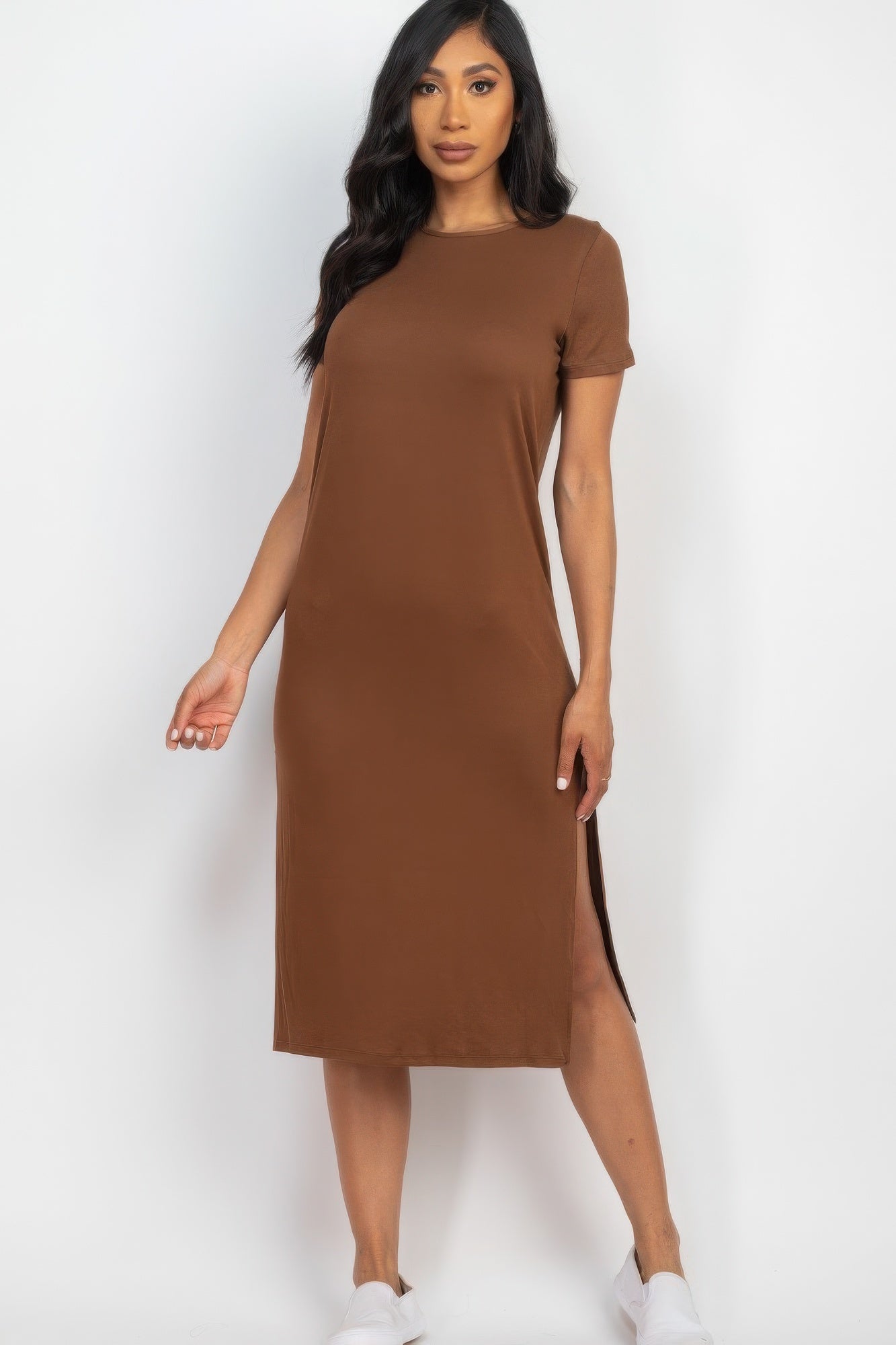Women's Short Sleeve Crew Neck Midi Dress Side Slit Comfy Extra Long Tee Shirt