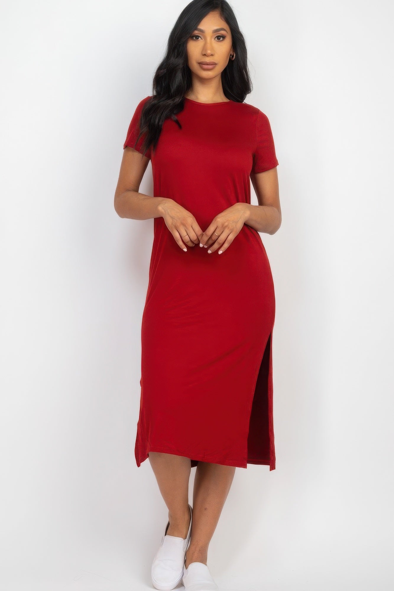 Women's Short Sleeve Crew Neck Midi Dress Side Slit Comfy Extra Long Tee Shirt