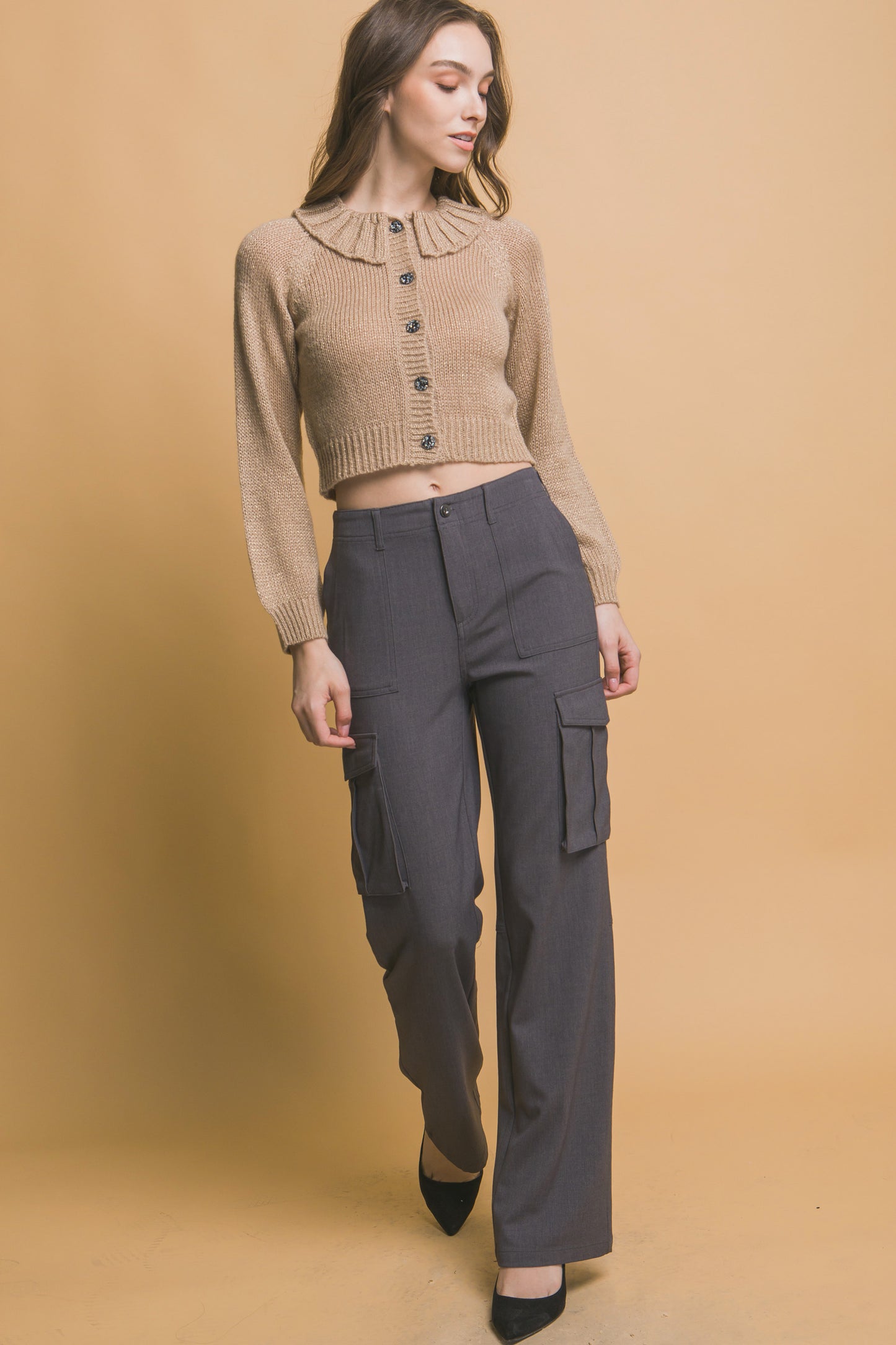 Women's Short Ruffle Collard Sweater Top Long Sleeves Button Cropped Cardigan