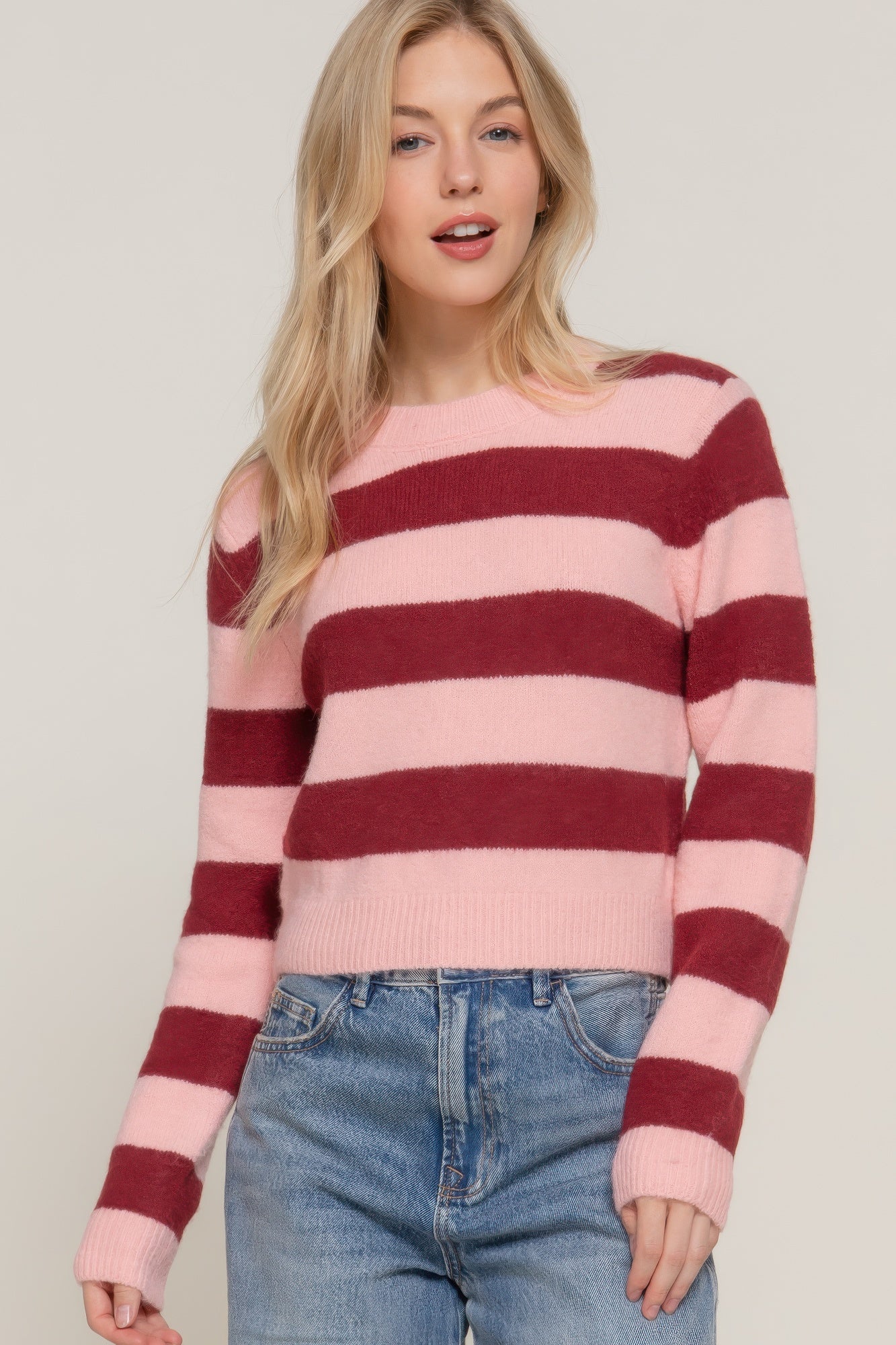 Women's Long Sleeve Crew Neck Stripe Comfy Pullover Sweater