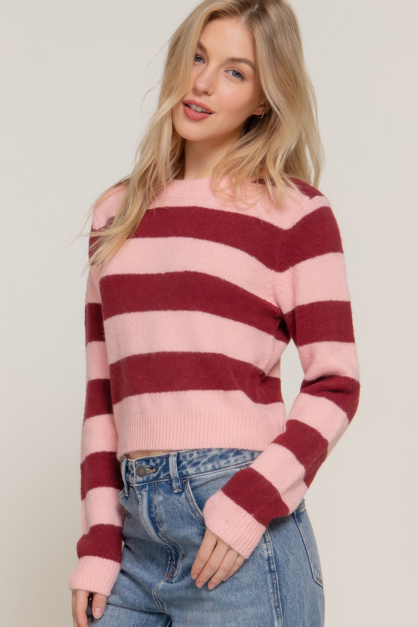 Women's Long Sleeve Crew Neck Stripe Comfy Pullover Sweater