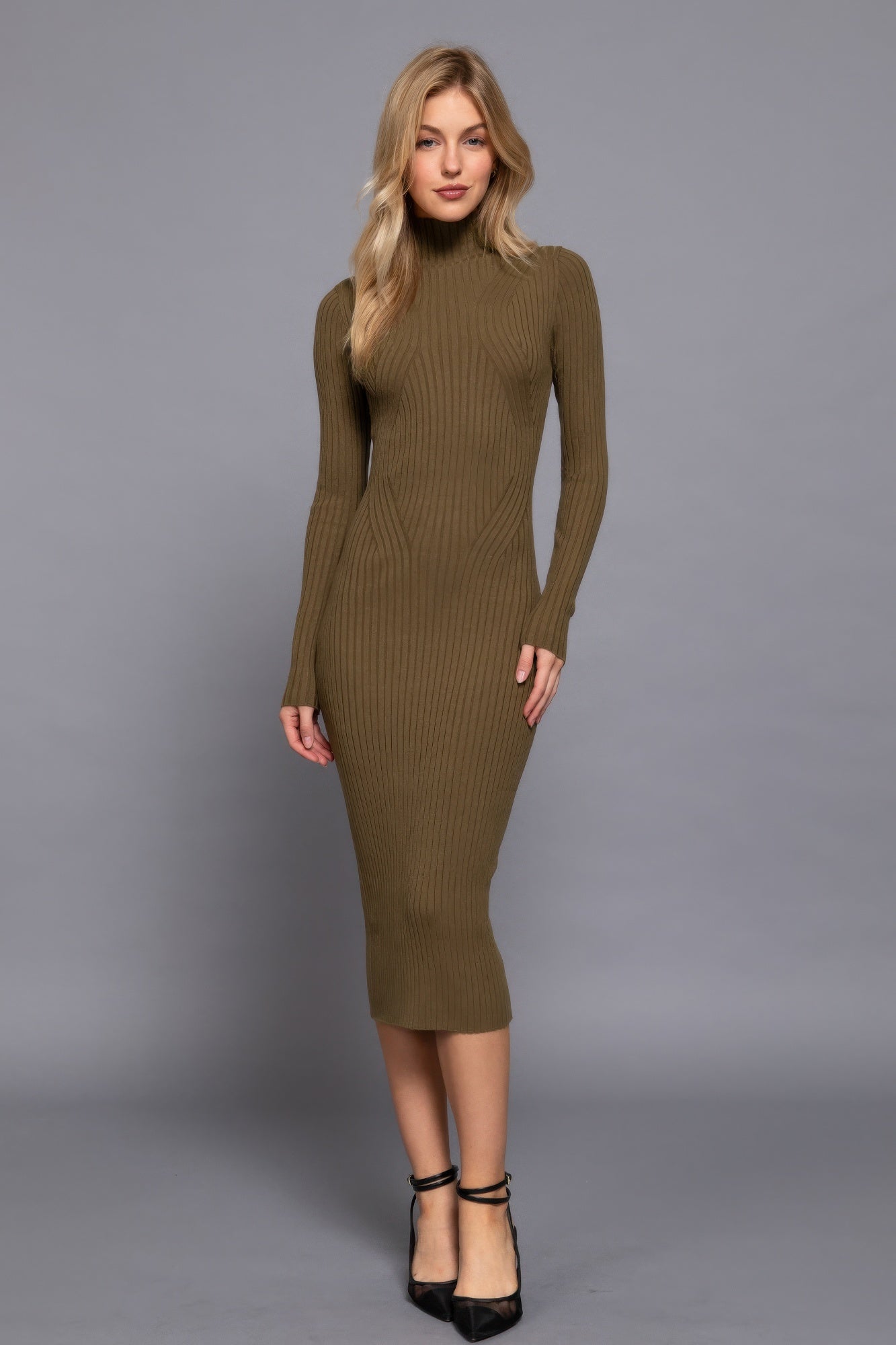 Womens Long Sleeve High Neck Sweater Long Dress Soft Stretchy Bodycon Midi Dress