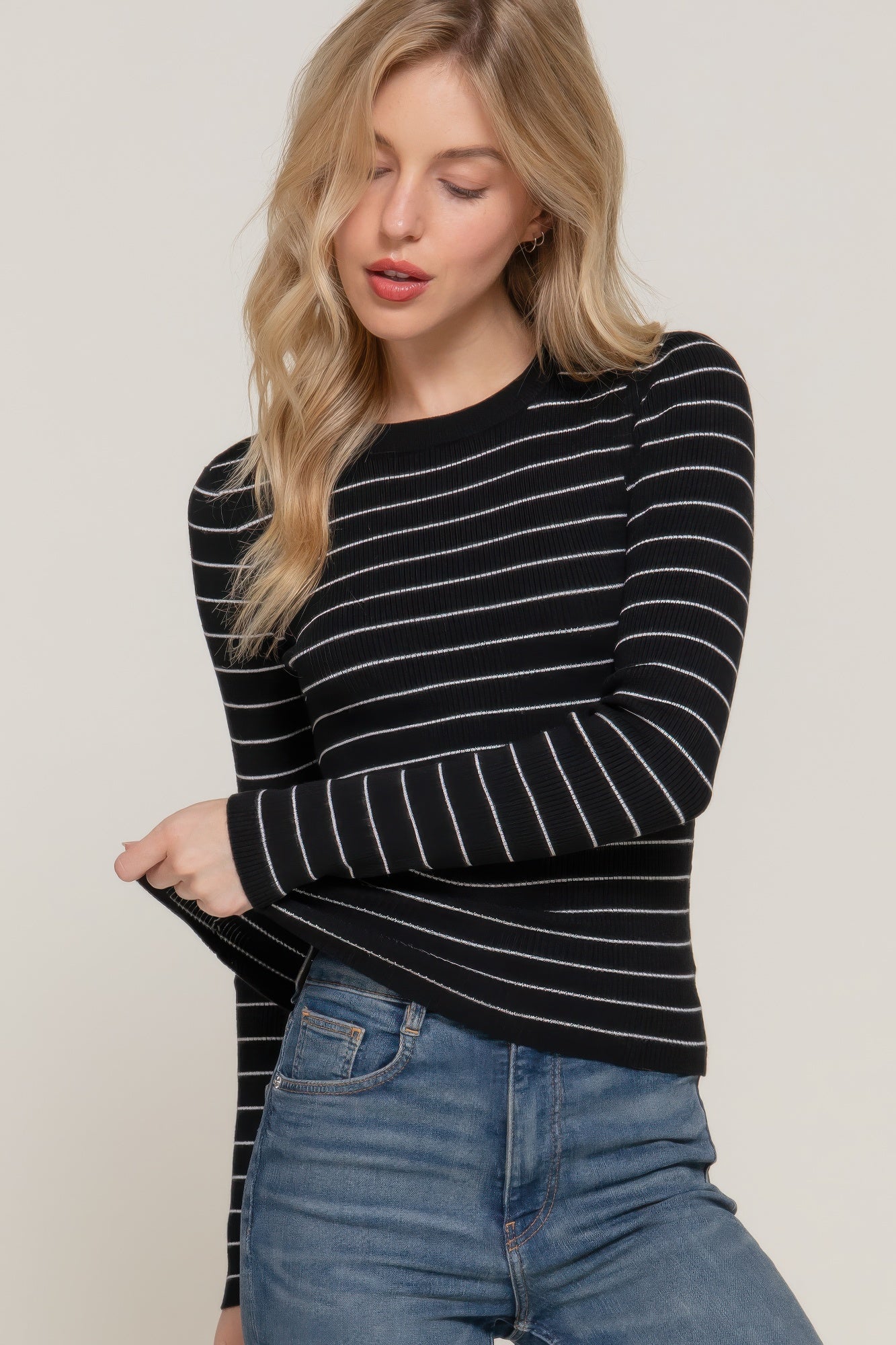 Women's Long Sleeve Stripe Casual Crew Neck Pullover Sweater