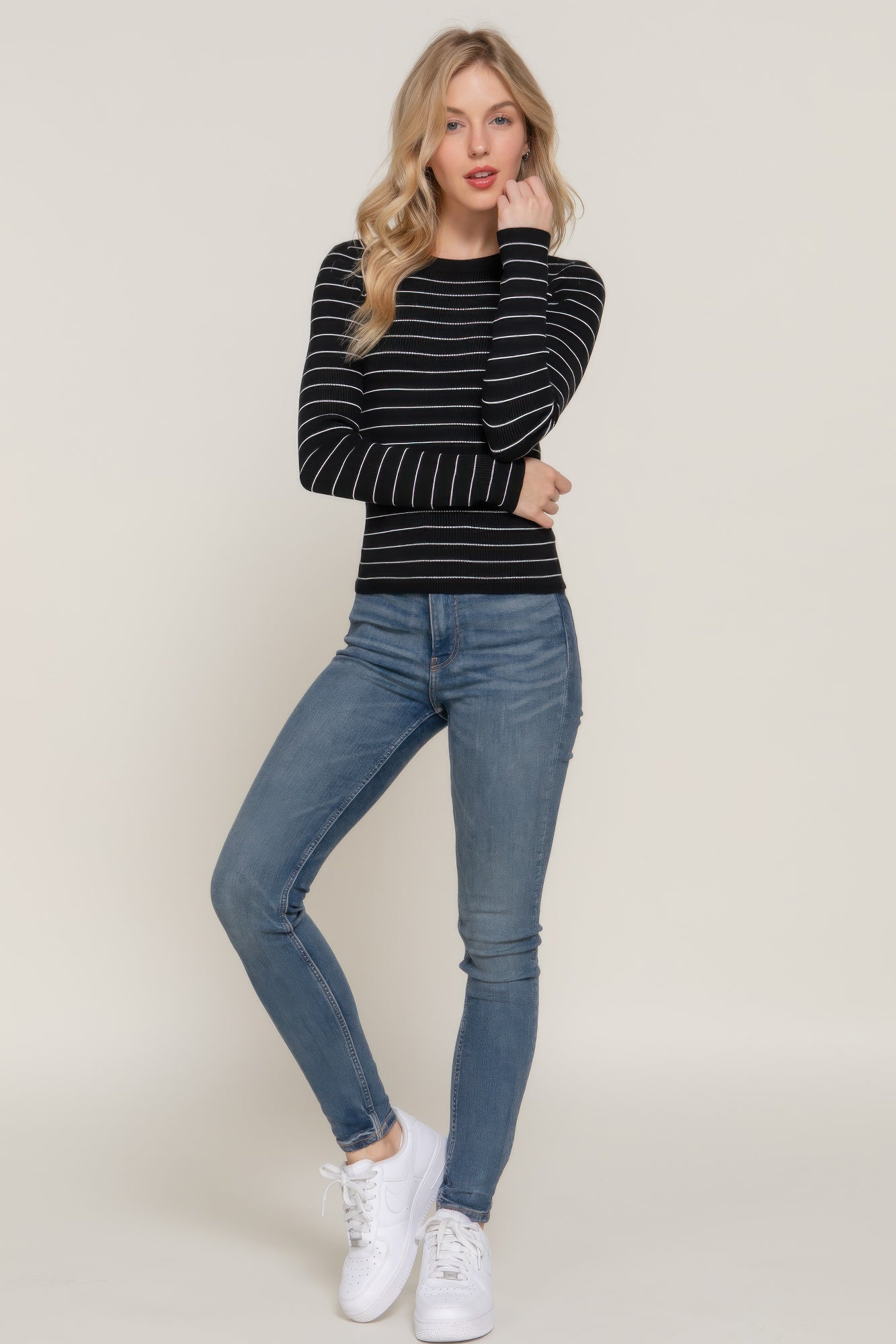 Women's Long Sleeve Stripe Casual Crew Neck Pullover Sweater