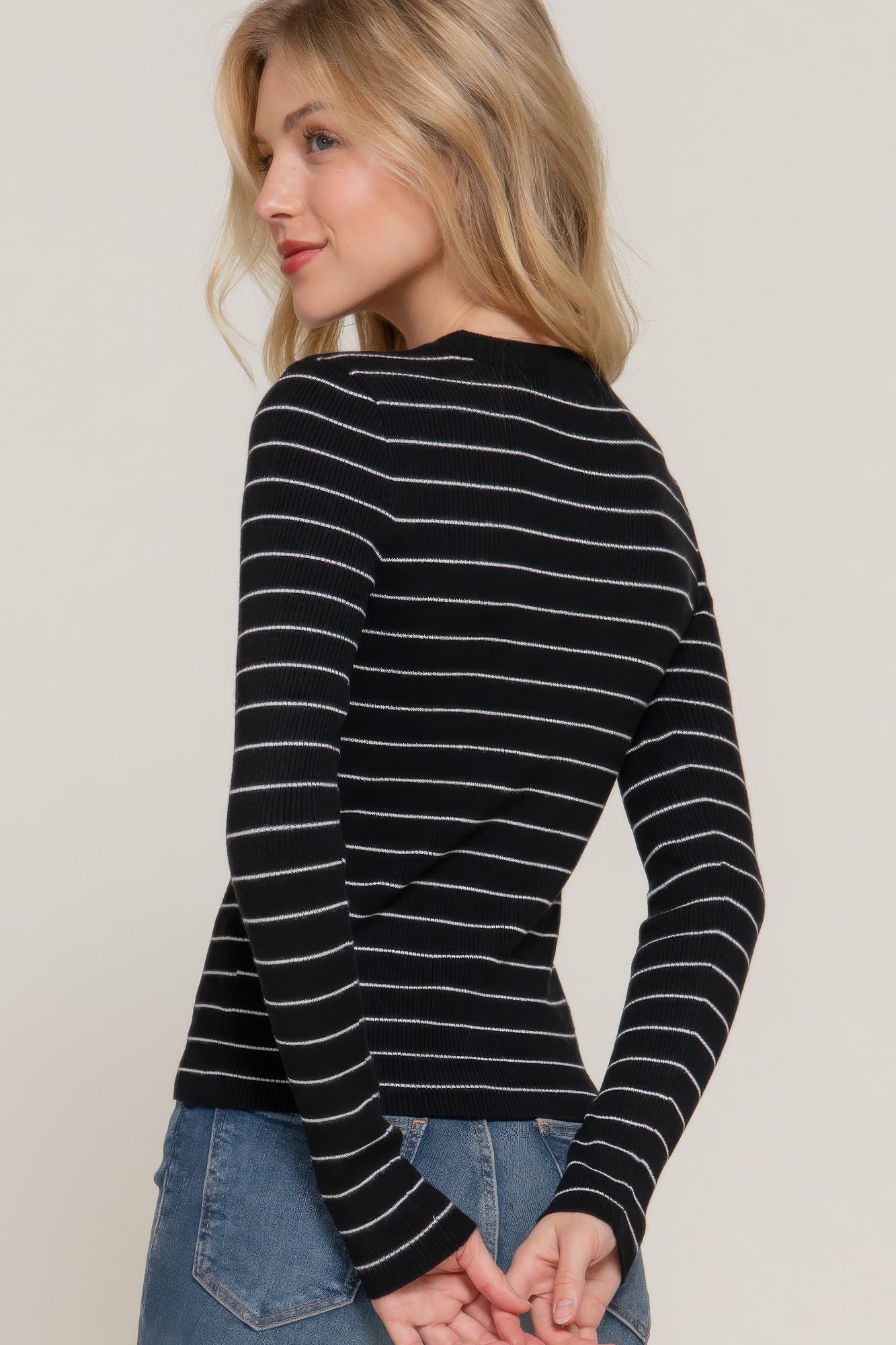 Women's Long Sleeve Stripe Casual Crew Neck Pullover Sweater