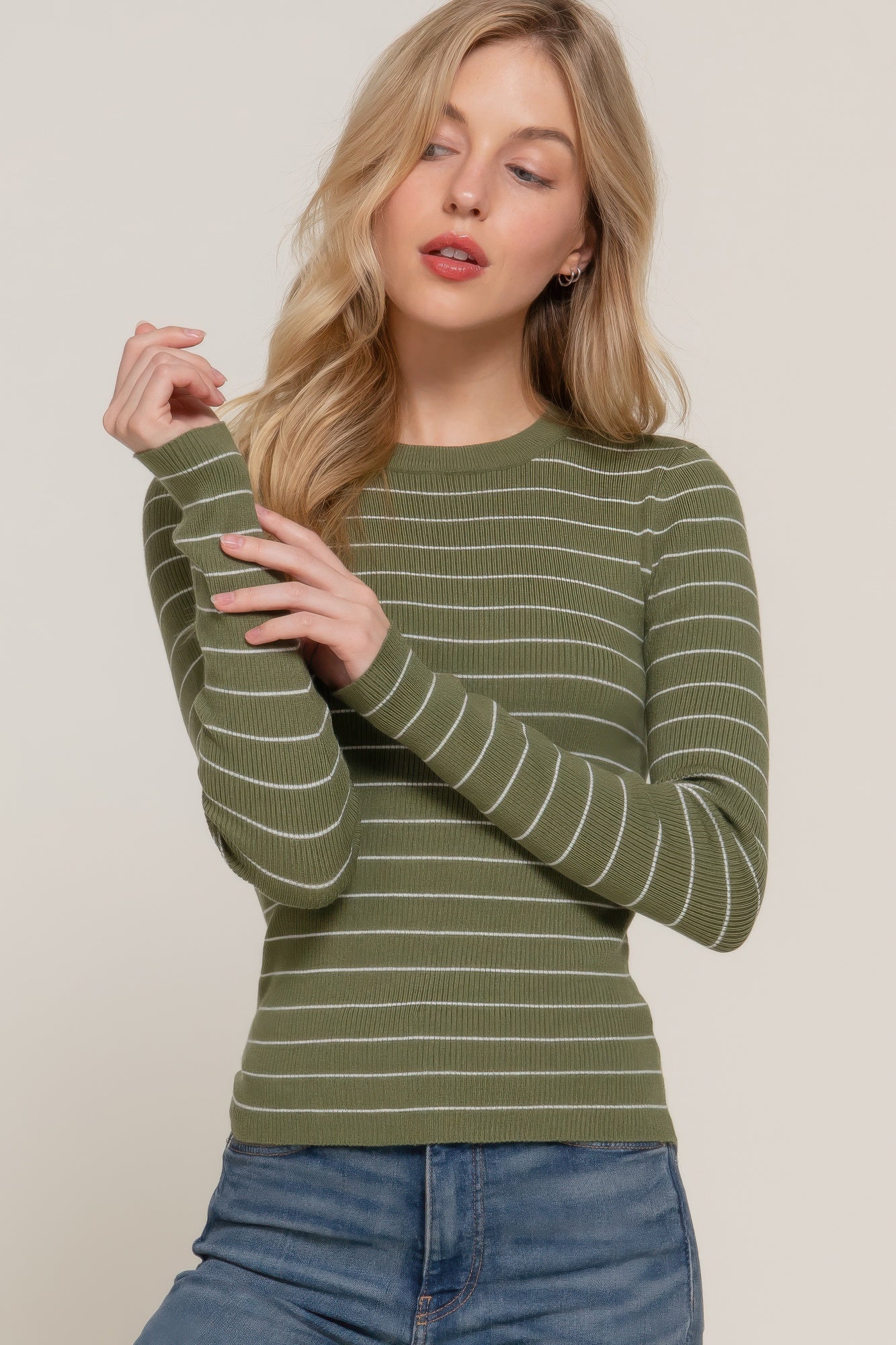 Women's Long Sleeve Stripe Casual Crew Neck Pullover Sweater