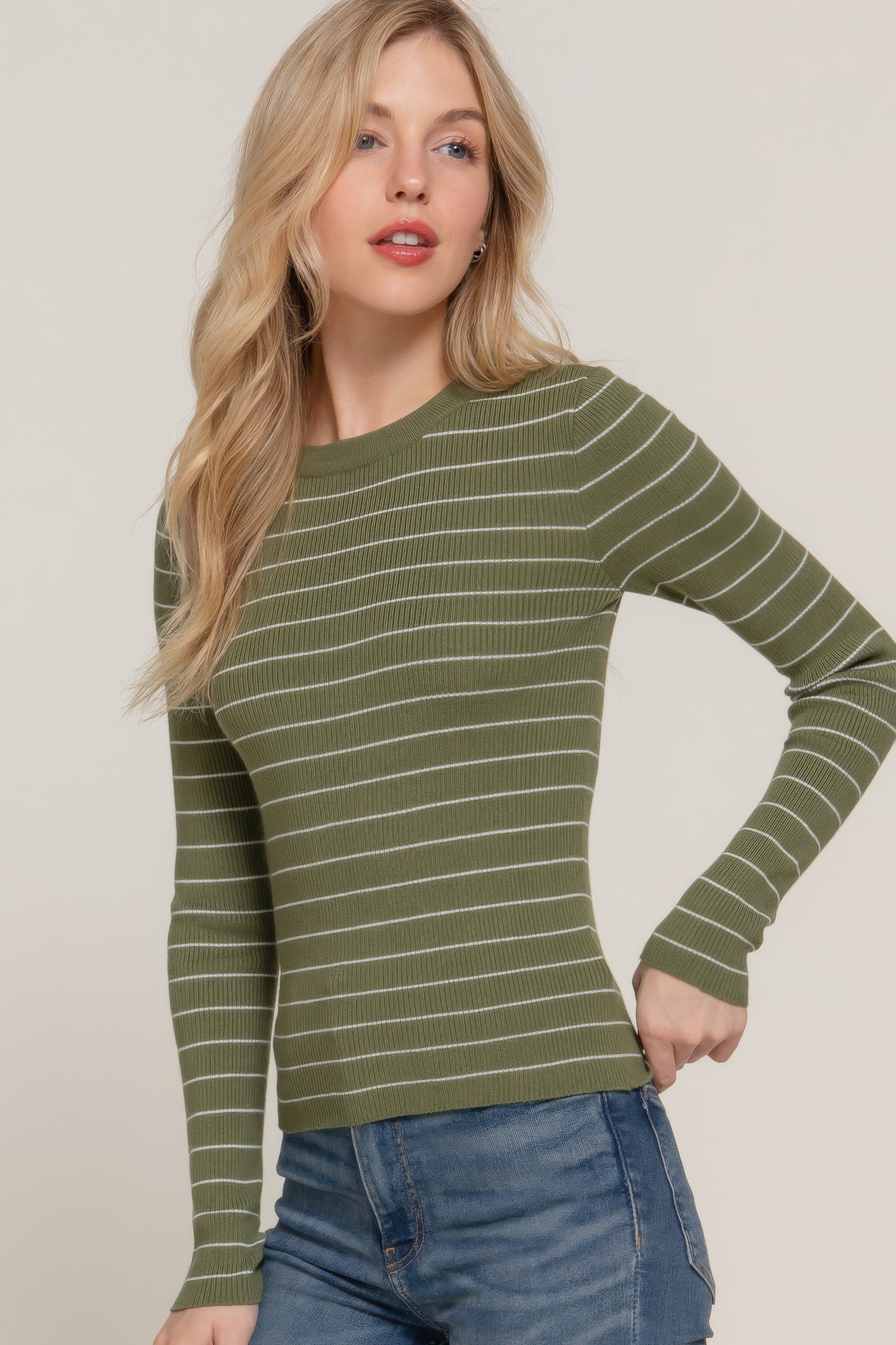 Women's Long Sleeve Stripe Casual Crew Neck Pullover Sweater