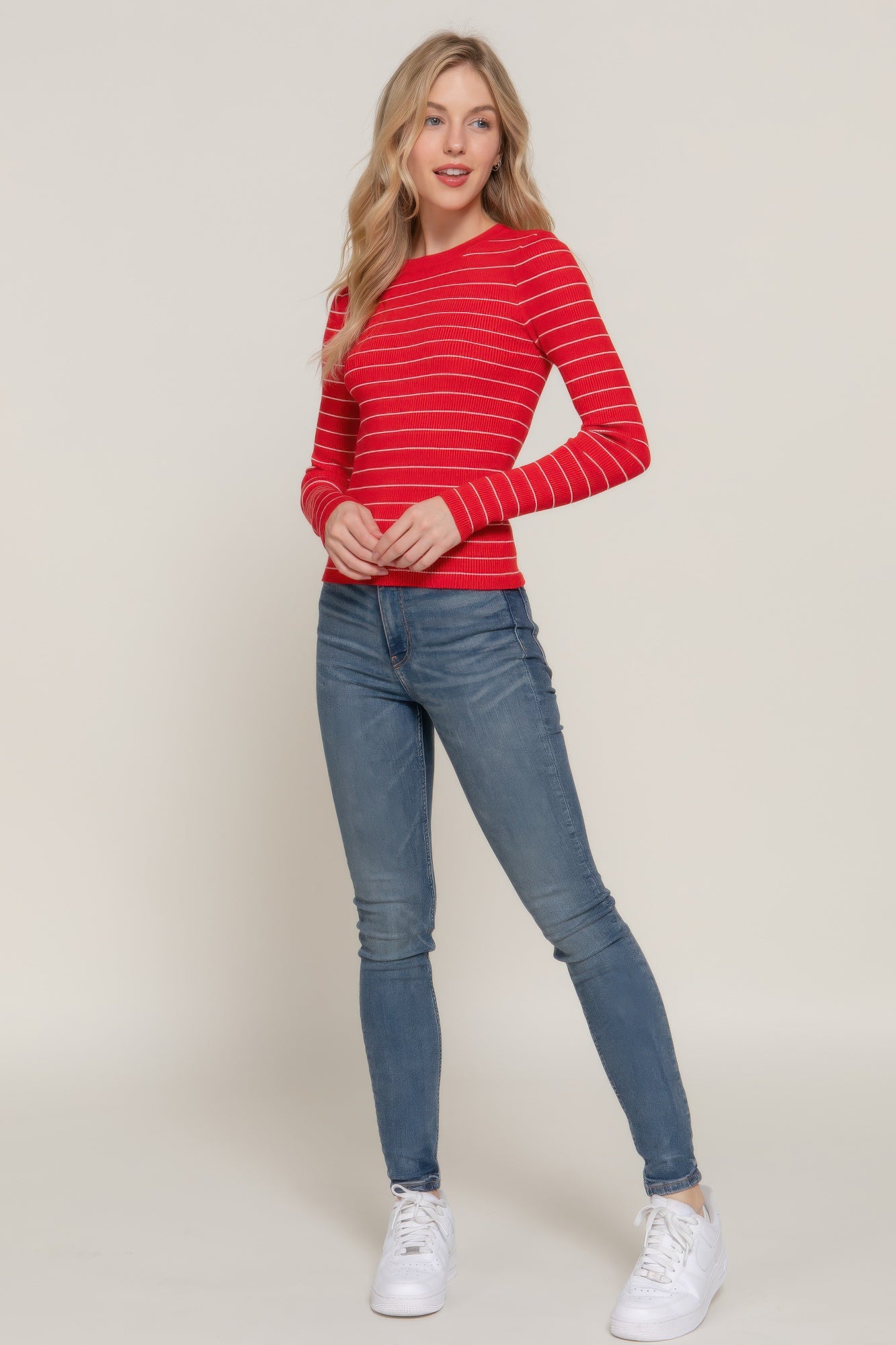 Women's Long Sleeve Stripe Casual Crew Neck Pullover Sweater