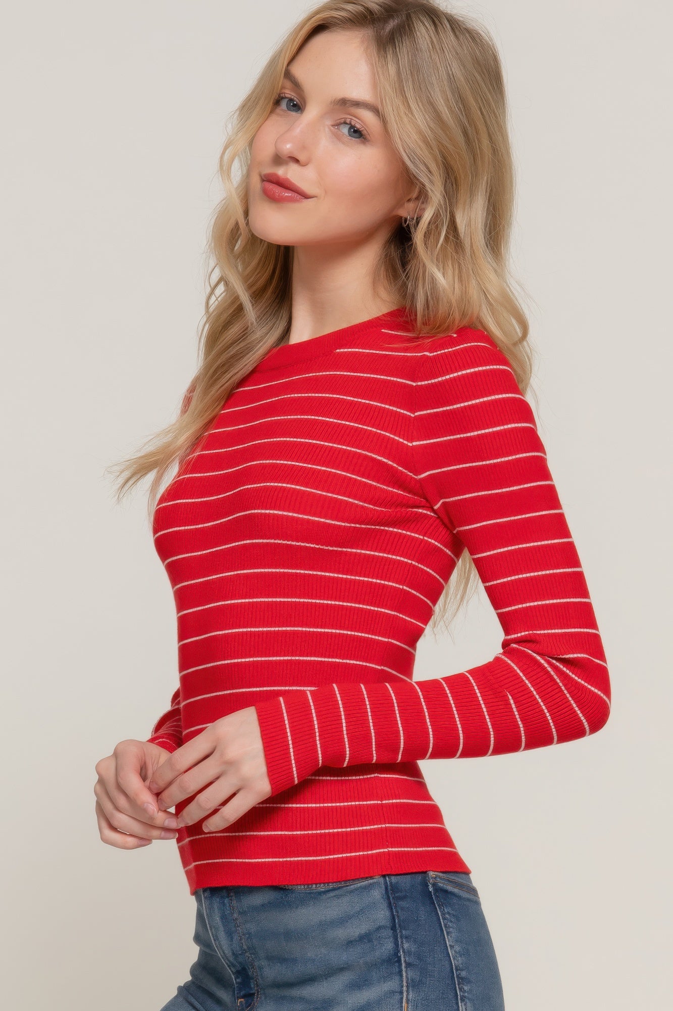 Women's Long Sleeve Stripe Casual Crew Neck Pullover Sweater