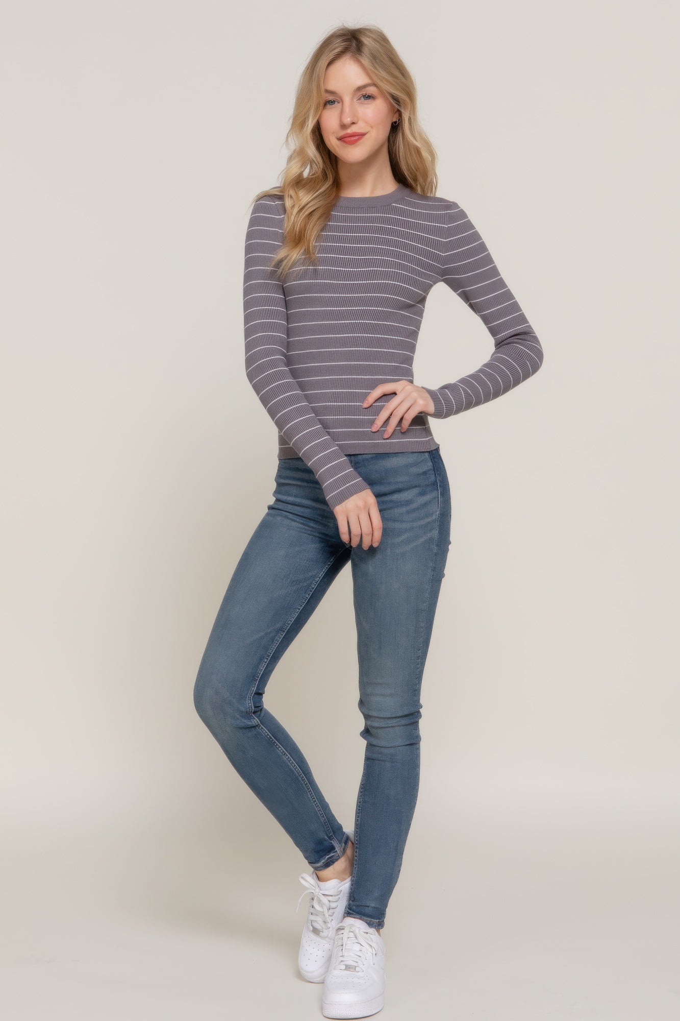 Women's Long Sleeve Stripe Casual Crew Neck Pullover Sweater