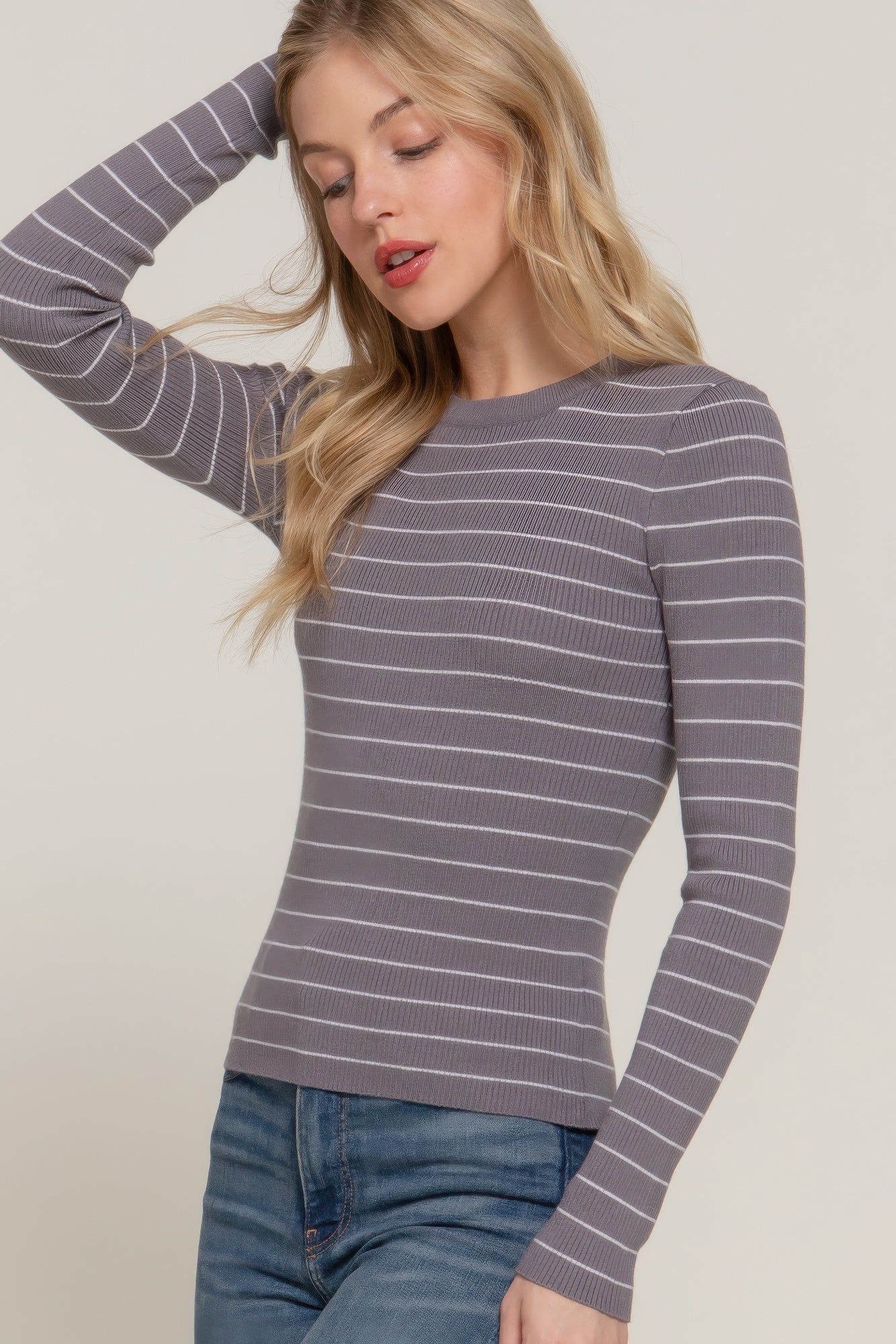 Women's Long Sleeve Stripe Casual Crew Neck Pullover Sweater