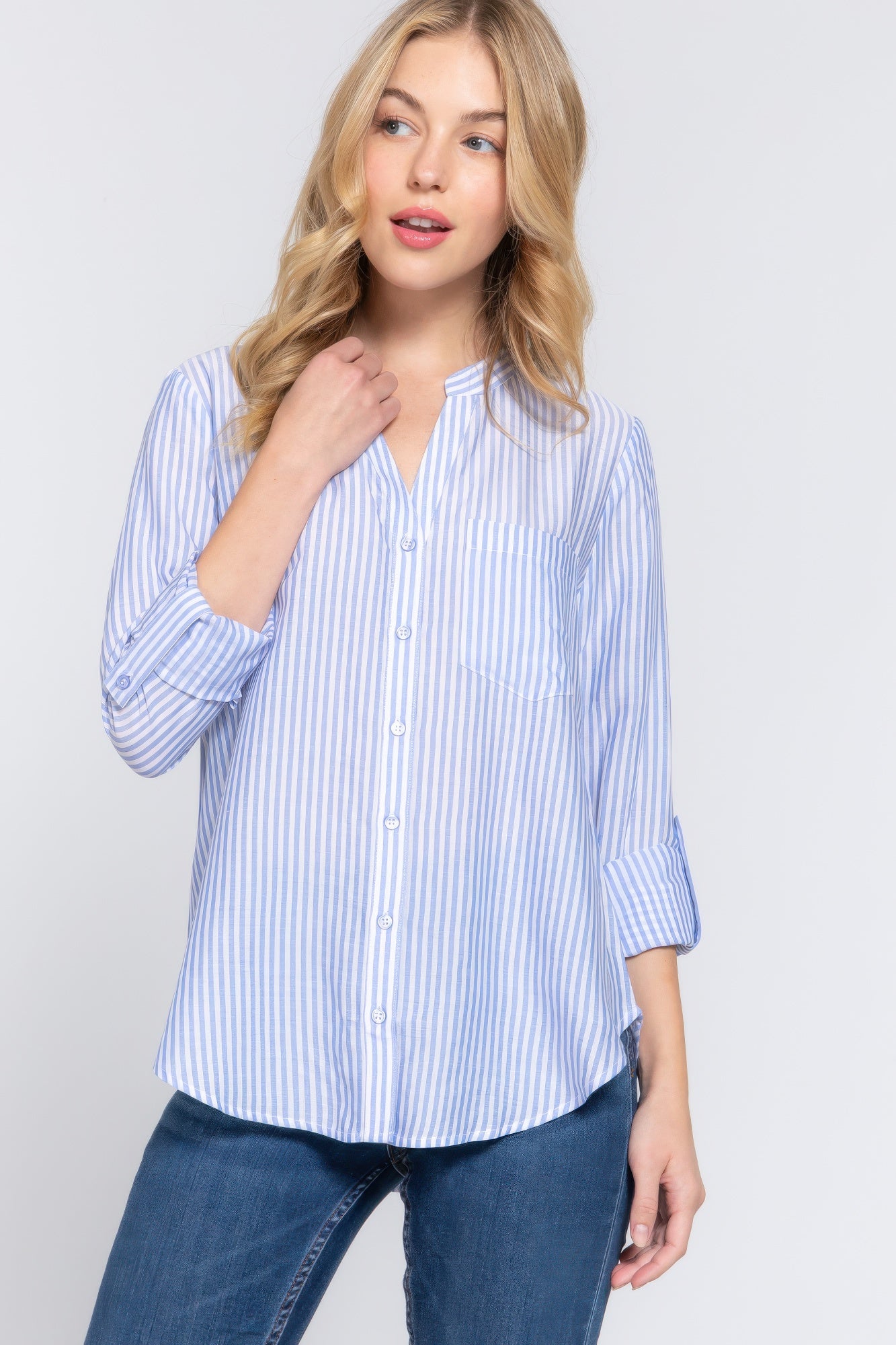 Womens Long Sleeve Shirt Split Round Neck Button Down Pocket Striped Woven Shirt