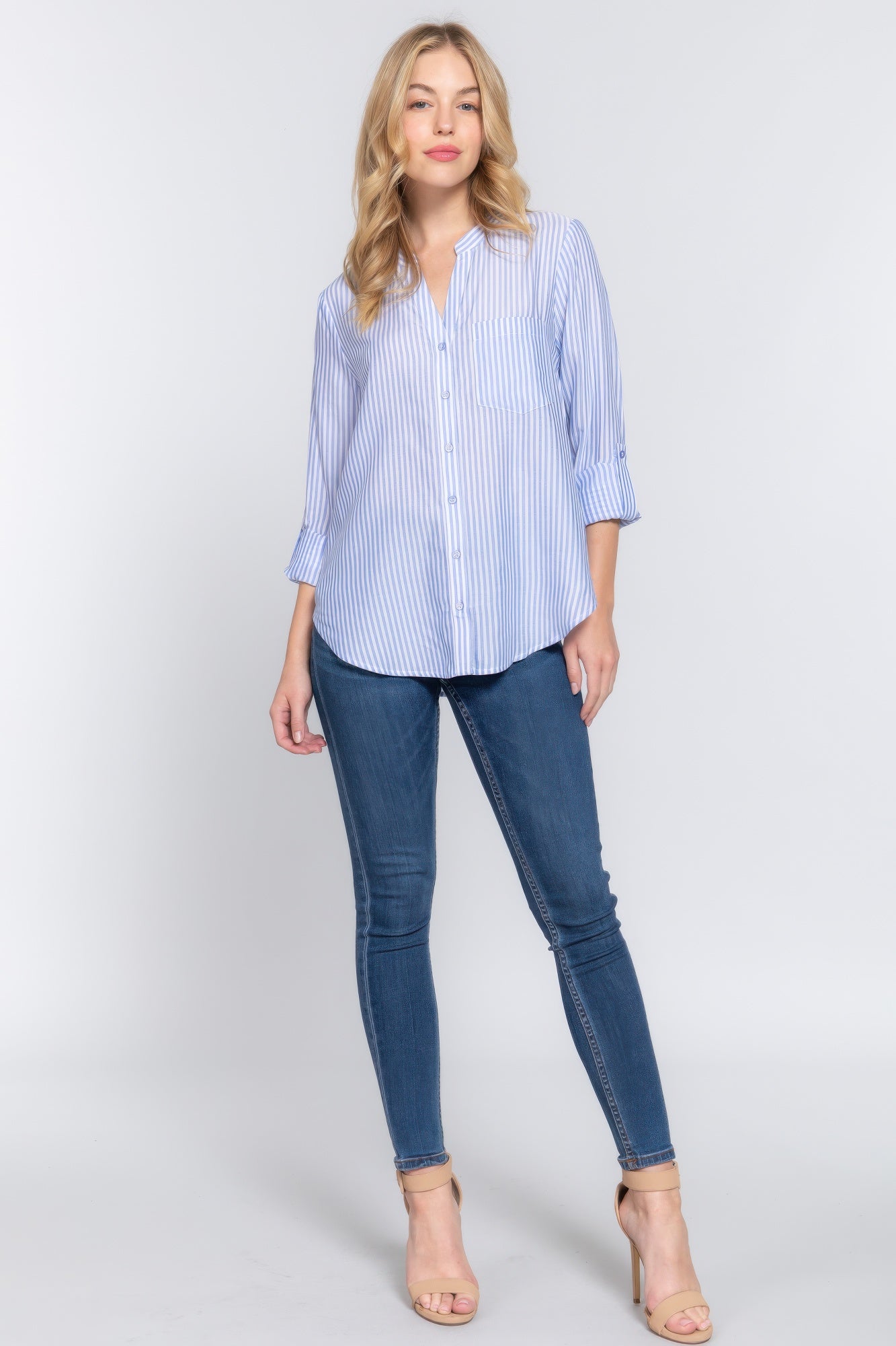 Womens Long Sleeve Shirt Split Round Neck Button Down Pocket Striped Woven Shirt