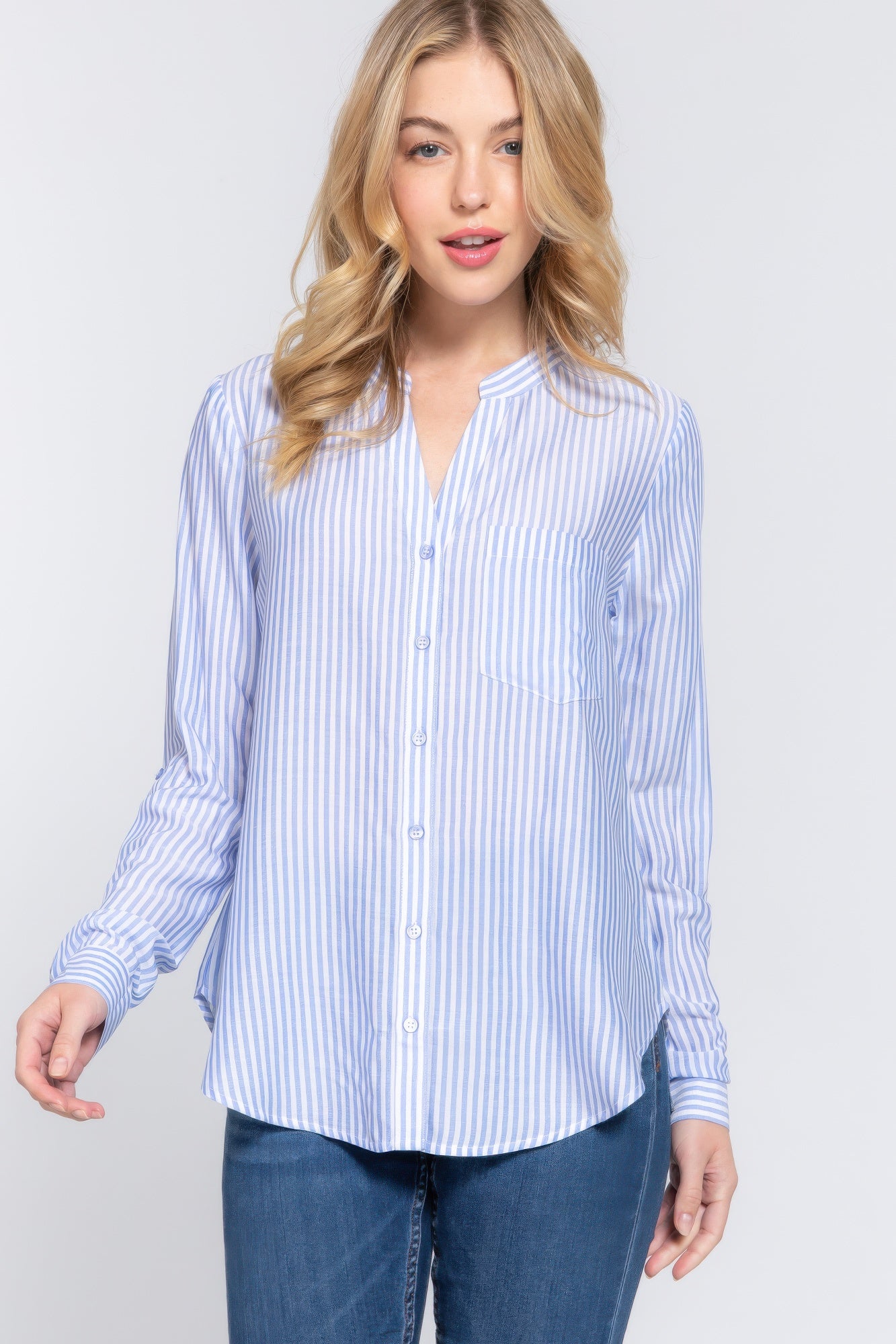 Womens Long Sleeve Shirt Split Round Neck Button Down Pocket Striped Woven Shirt
