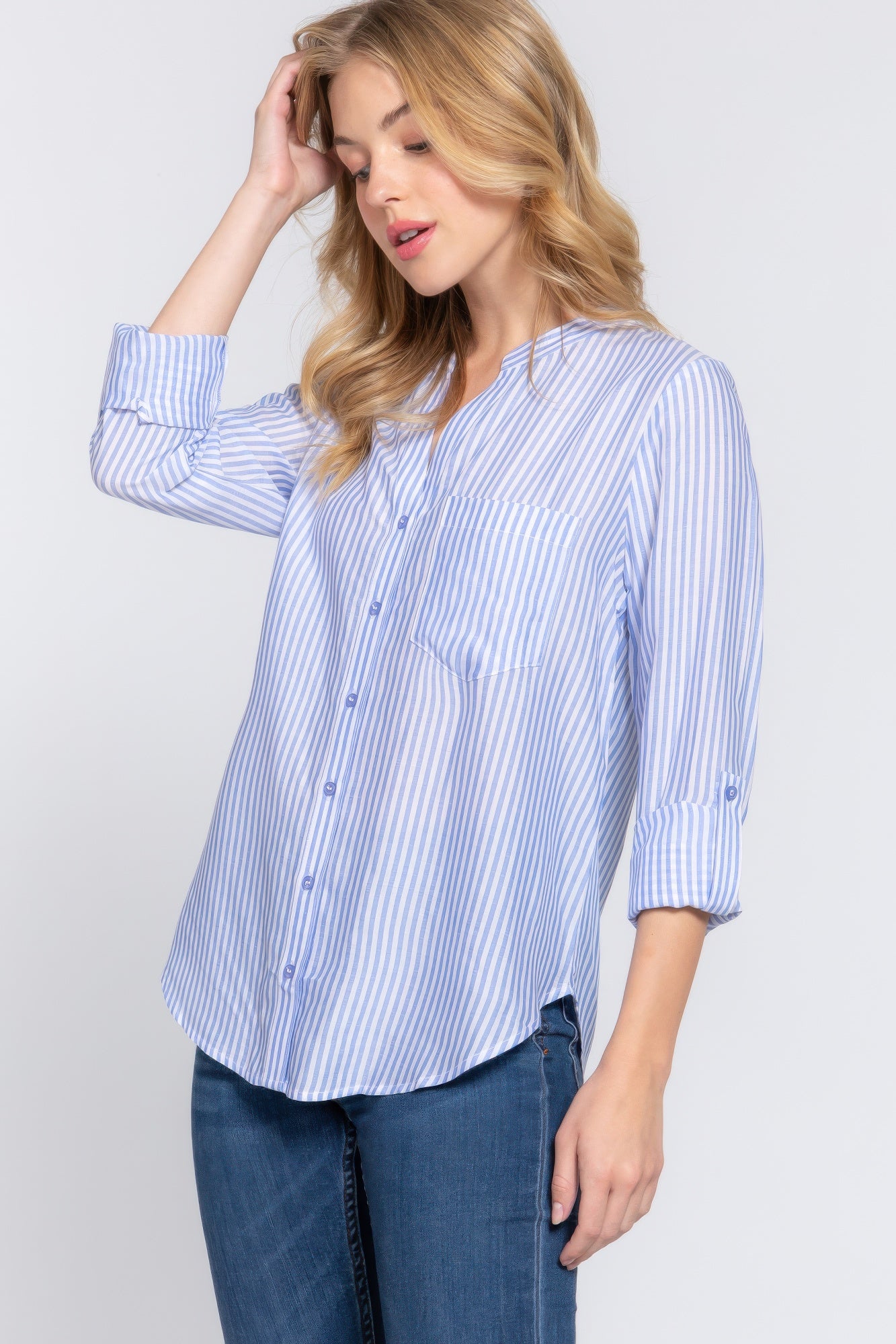 Womens Long Sleeve Shirt Split Round Neck Button Down Pocket Striped Woven Shirt