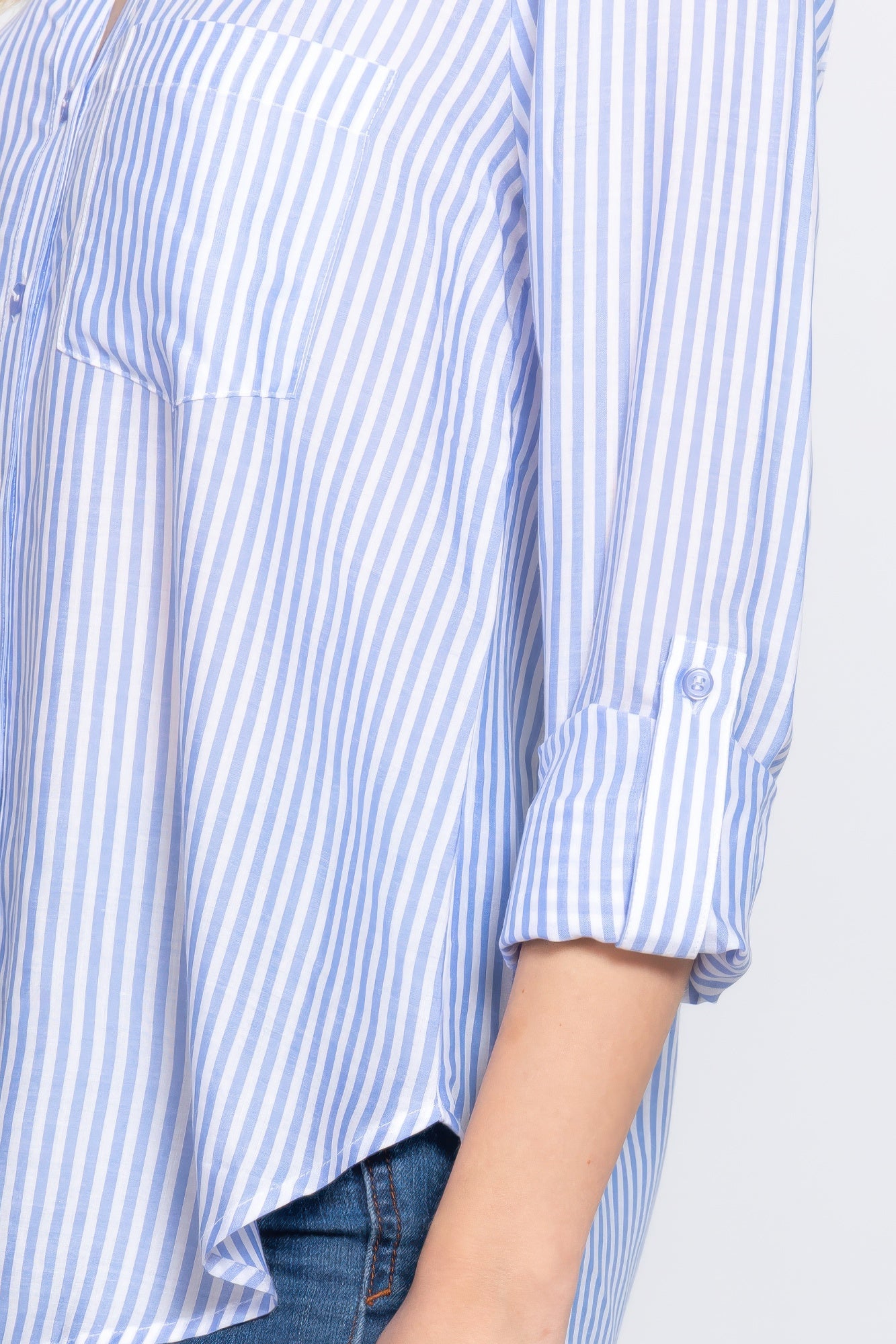 Womens Long Sleeve Shirt Split Round Neck Button Down Pocket Striped Woven Shirt
