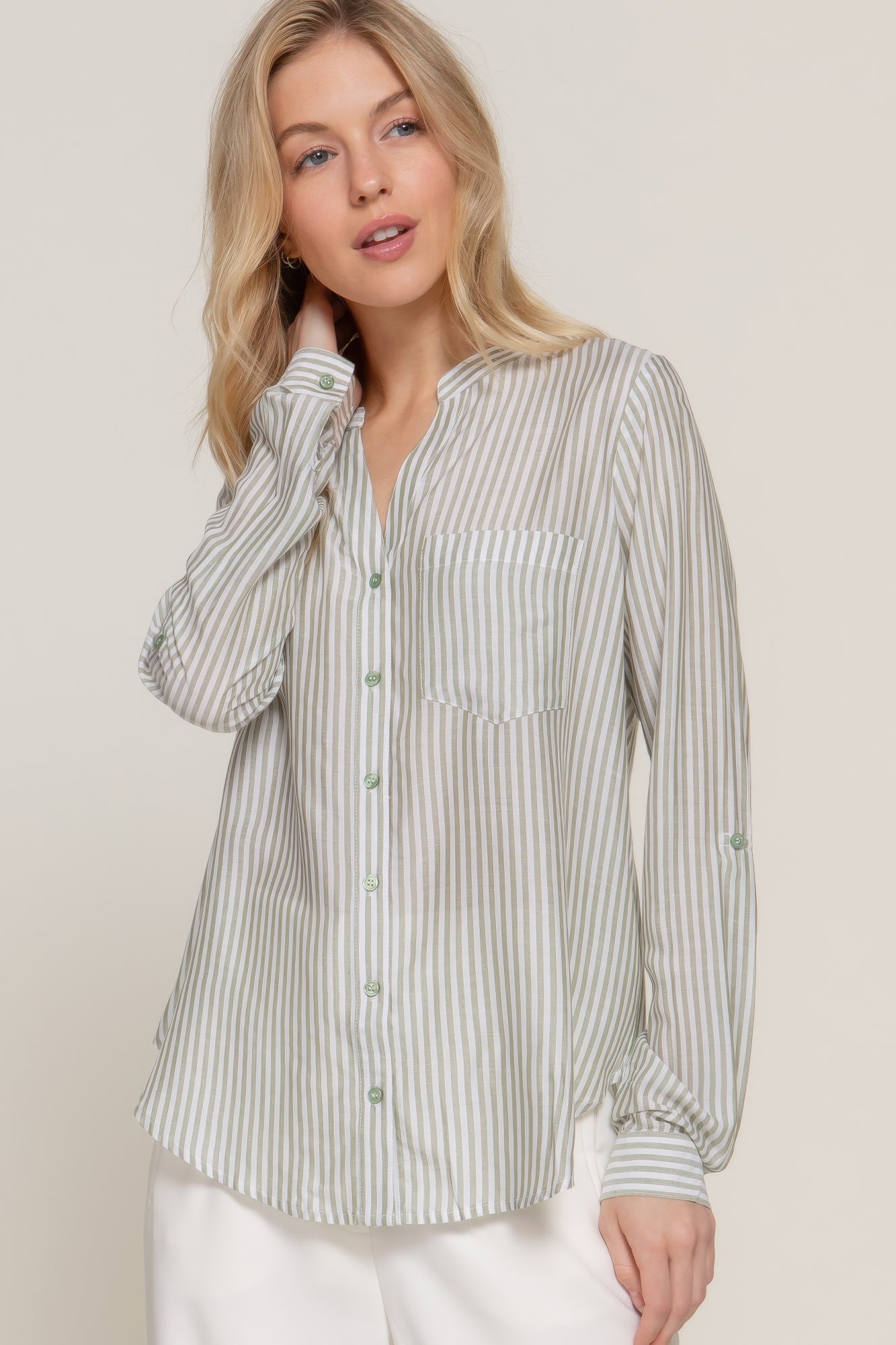 Womens Long Sleeve Shirt Split Round Neck Button Down Pocket Striped Woven Shirt