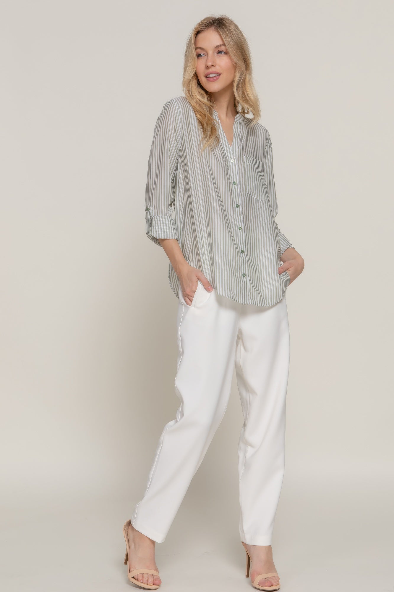 Womens Long Sleeve Shirt Split Round Neck Button Down Pocket Striped Woven Shirt
