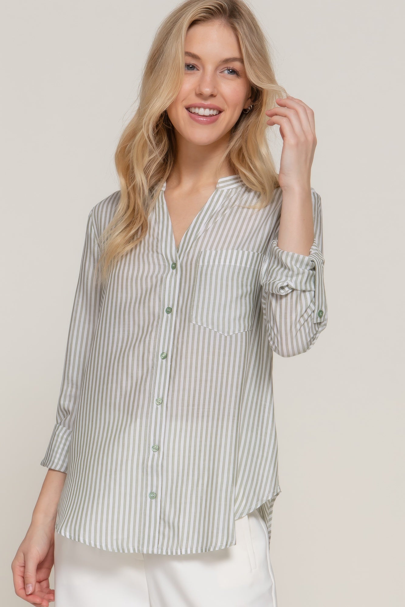 Womens Long Sleeve Shirt Split Round Neck Button Down Pocket Striped Woven Shirt
