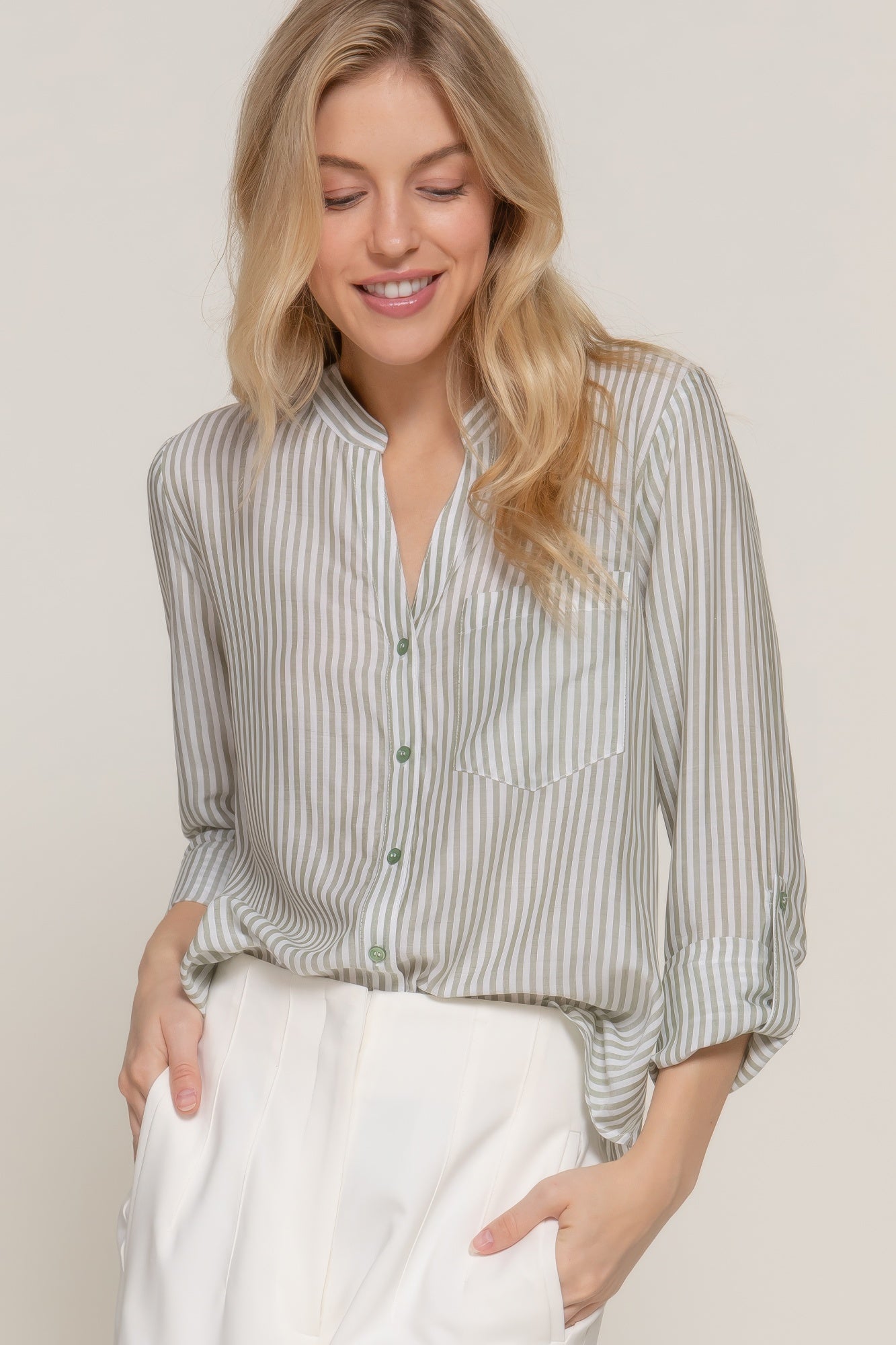 Womens Long Sleeve Shirt Split Round Neck Button Down Pocket Striped Woven Shirt