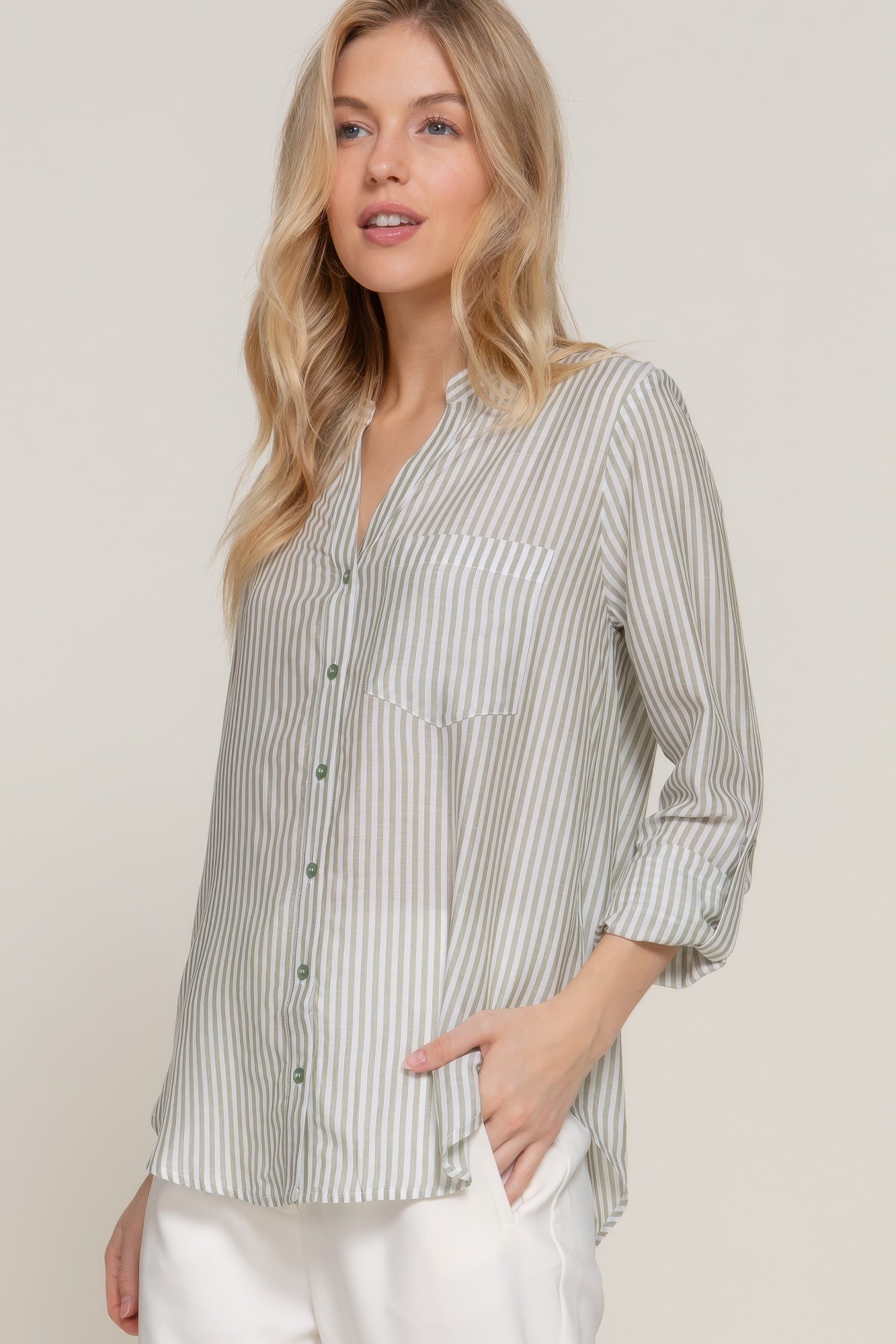 Womens Long Sleeve Shirt Split Round Neck Button Down Pocket Striped Woven Shirt
