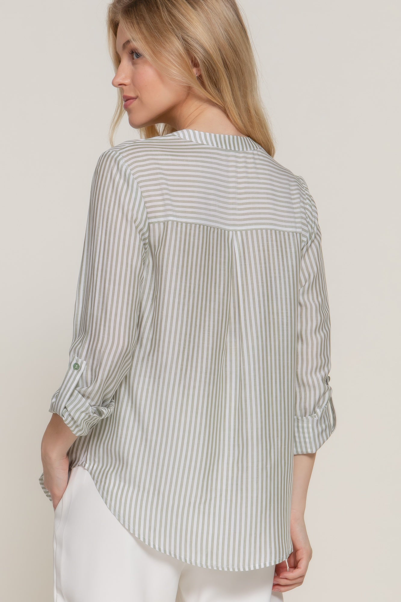 Womens Long Sleeve Shirt Split Round Neck Button Down Pocket Striped Woven Shirt