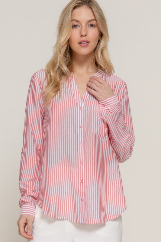 Womens Long Sleeve Shirt Split Round Neck Button Down Pocket Striped Woven Shirt