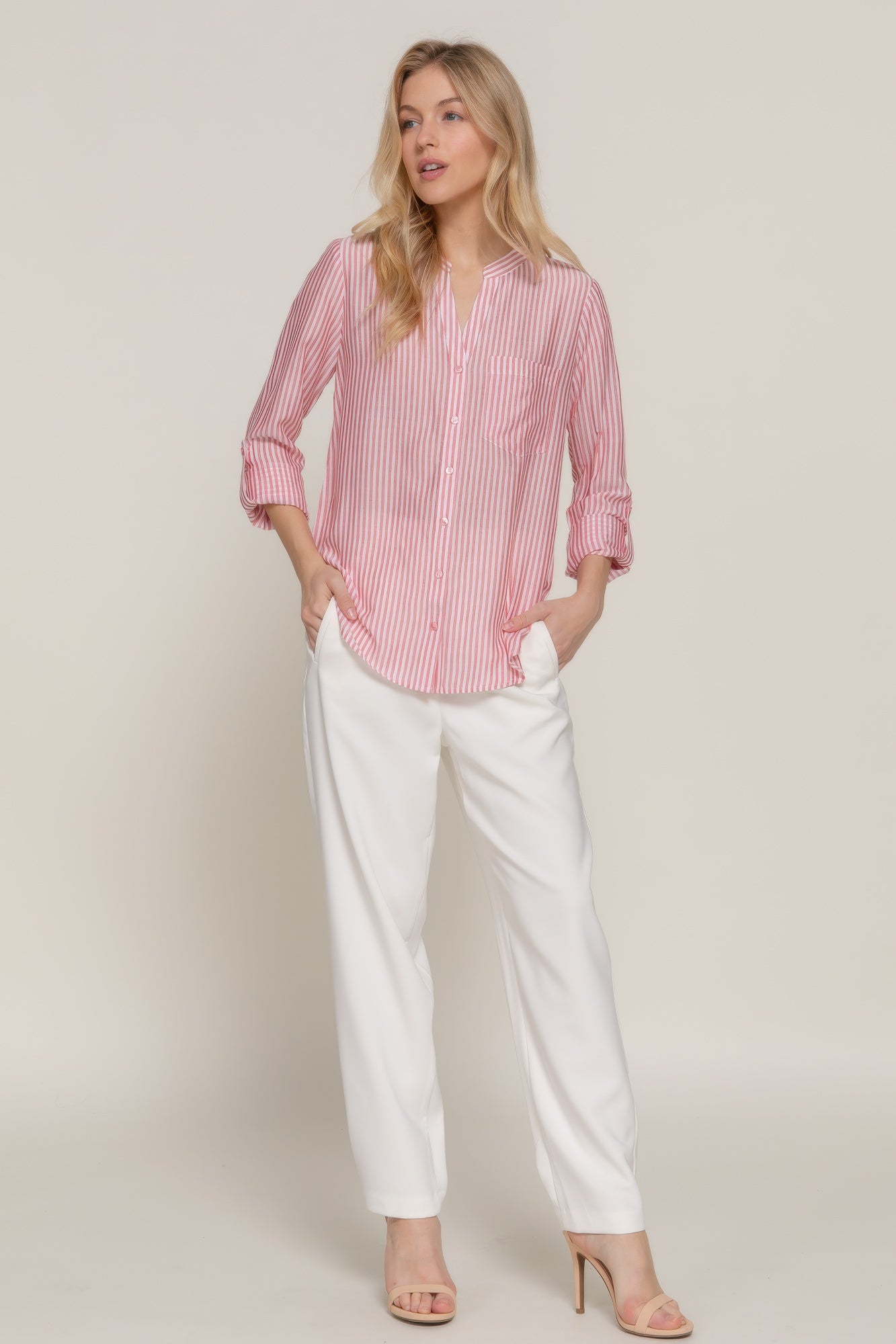 Womens Long Sleeve Shirt Split Round Neck Button Down Pocket Striped Woven Shirt