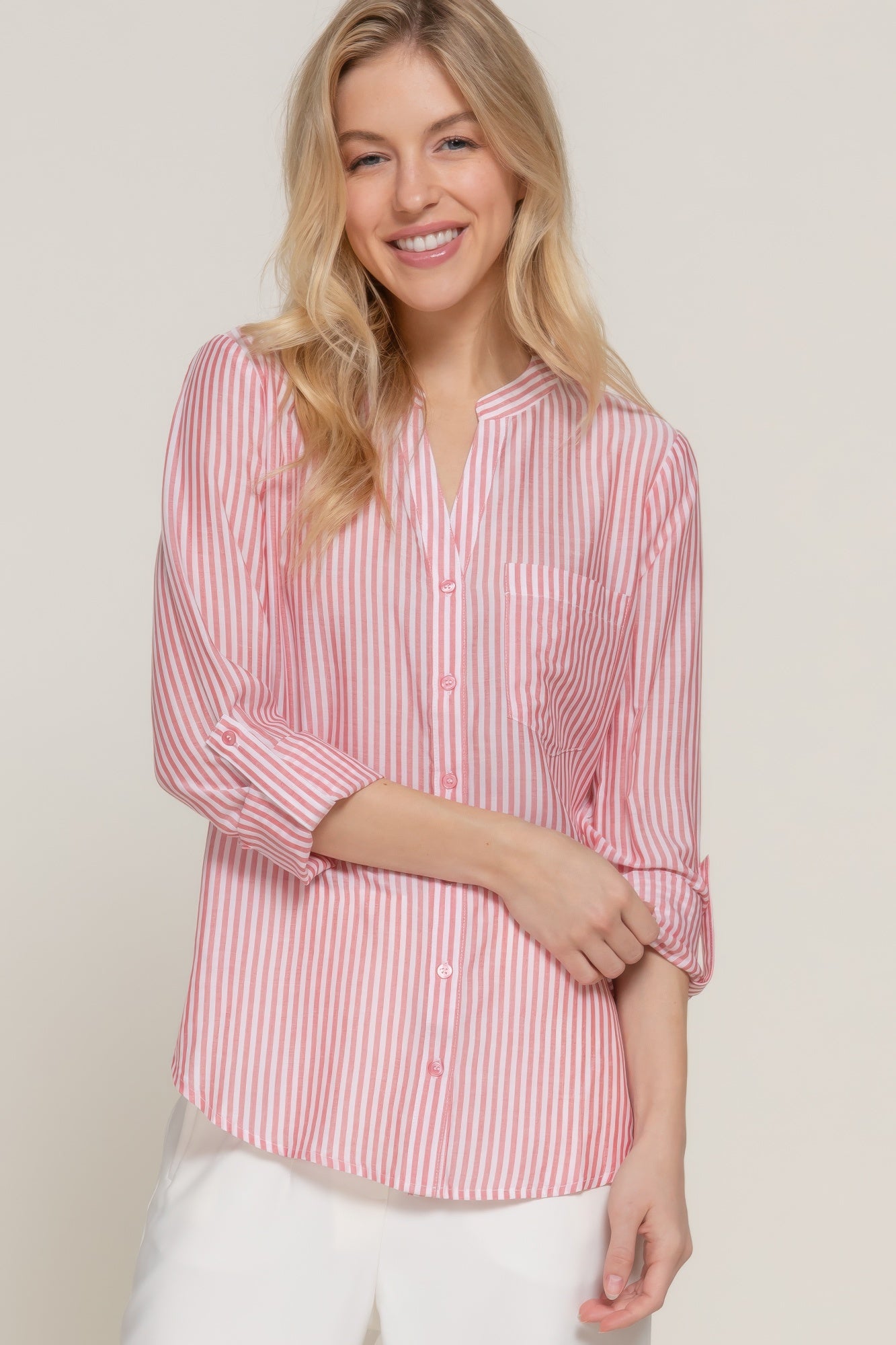 Womens Long Sleeve Shirt Split Round Neck Button Down Pocket Striped Woven Shirt