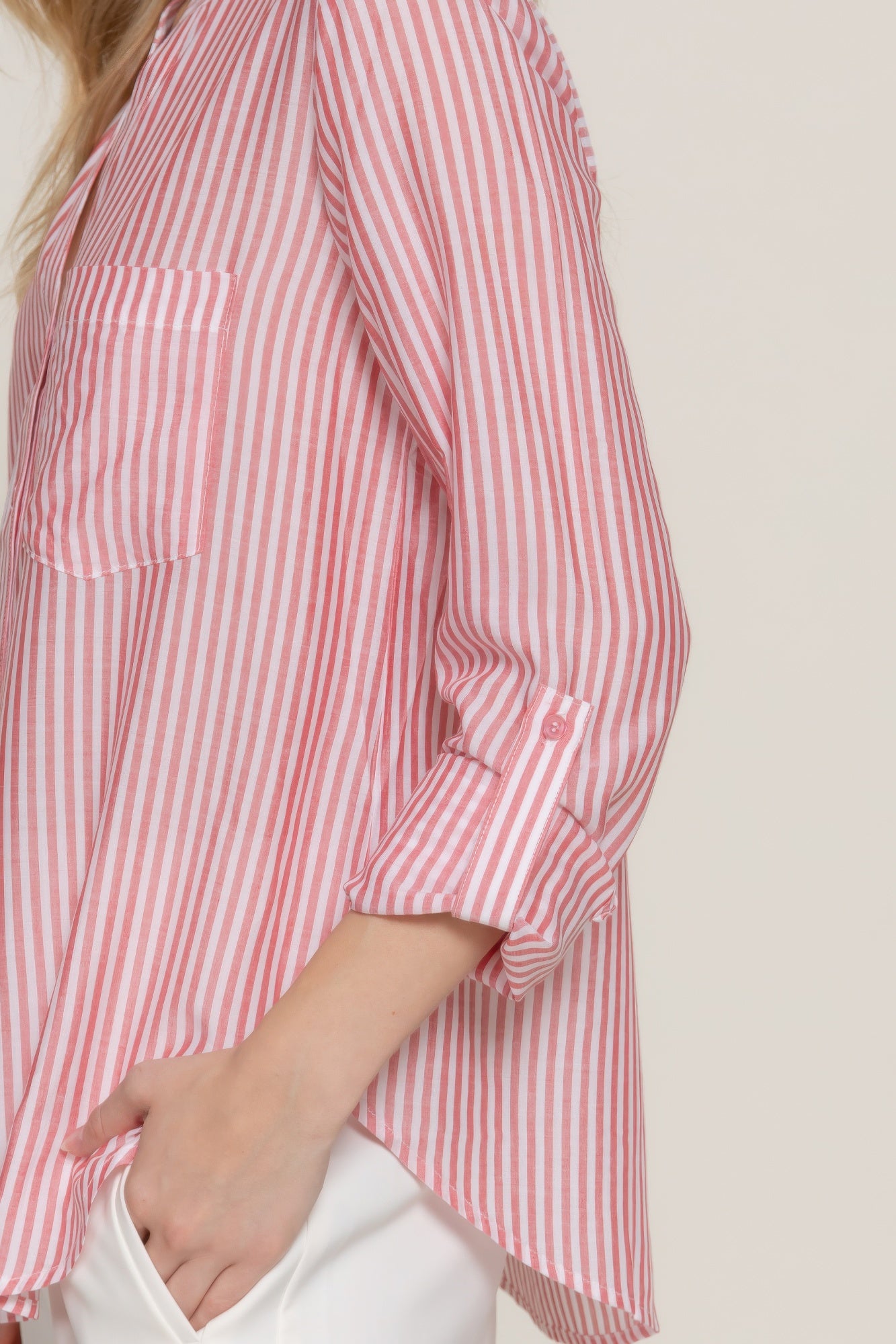 Womens Long Sleeve Shirt Split Round Neck Button Down Pocket Striped Woven Shirt