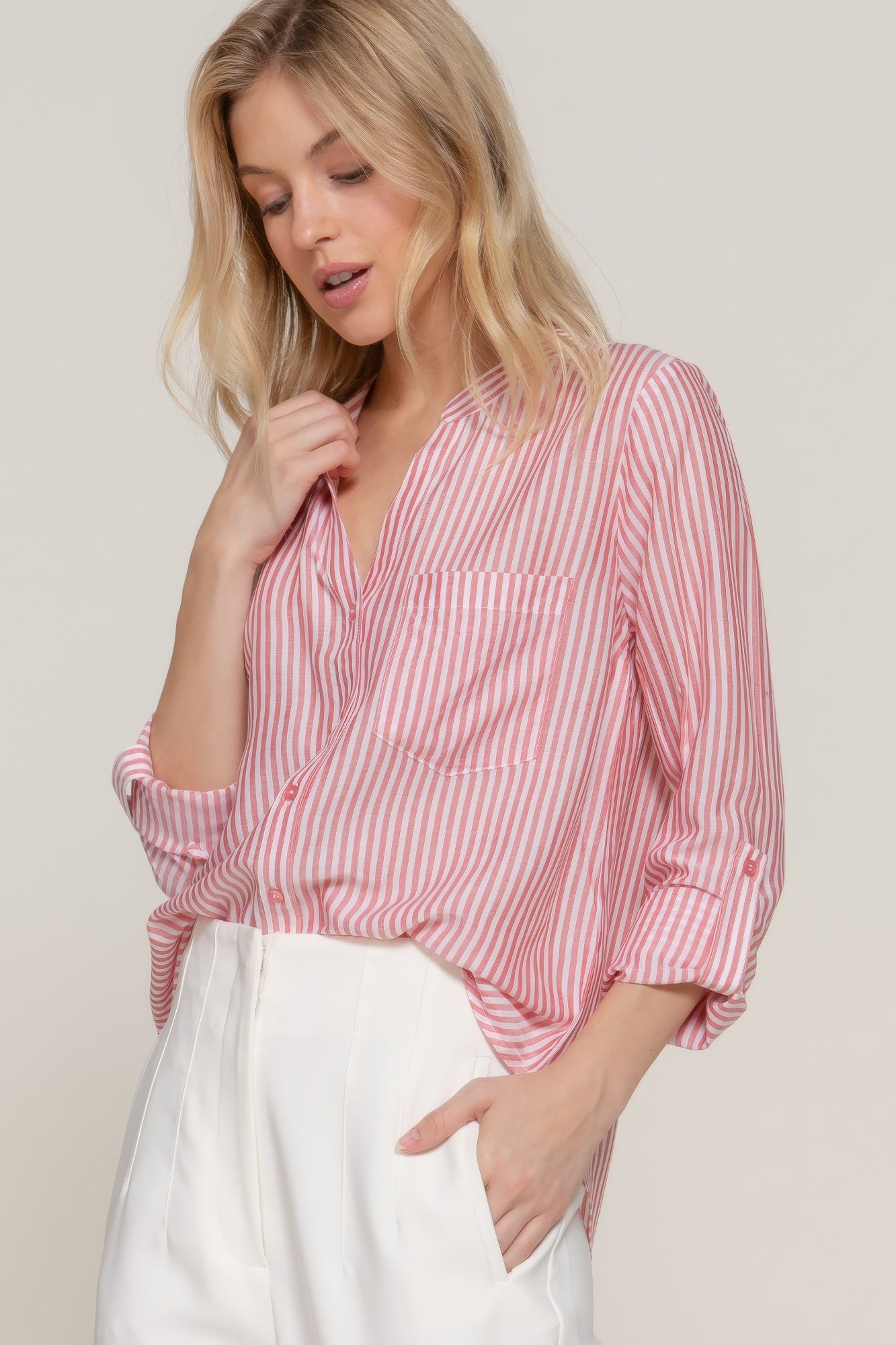 Womens Long Sleeve Shirt Split Round Neck Button Down Pocket Striped Woven Shirt