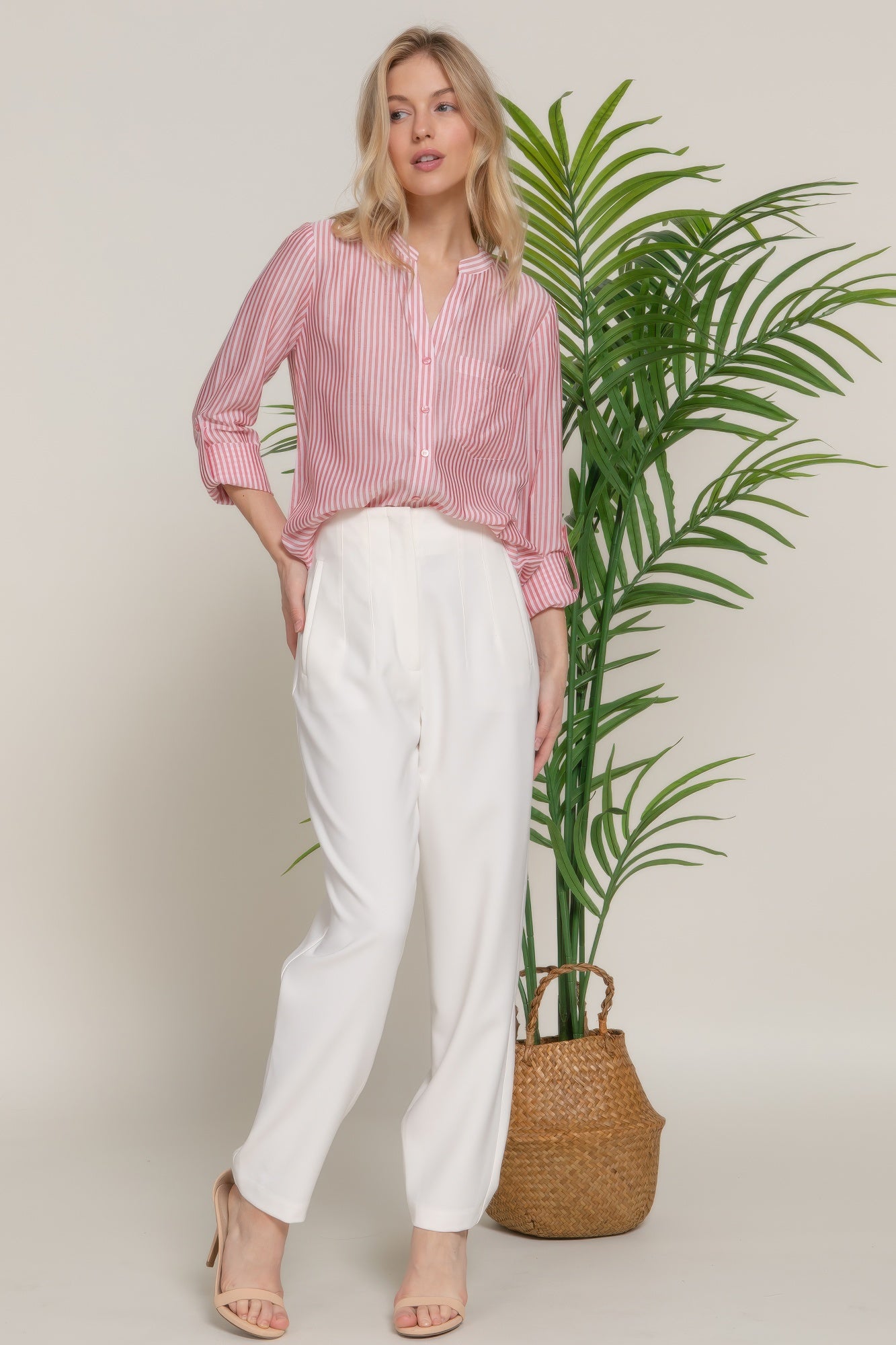 Womens Long Sleeve Shirt Split Round Neck Button Down Pocket Striped Woven Shirt