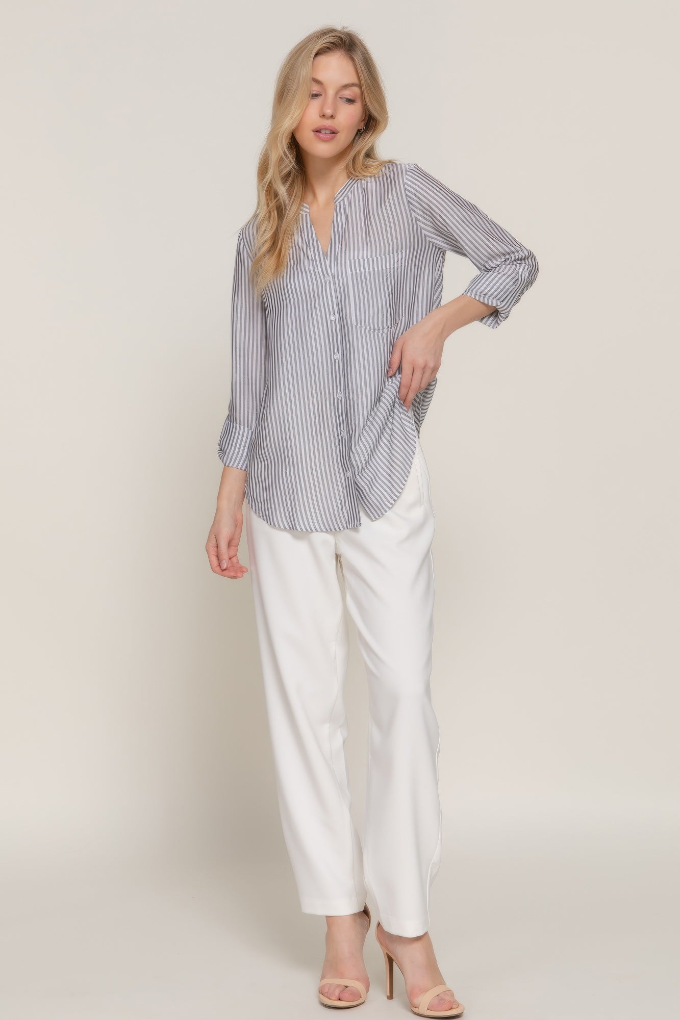 Womens Long Sleeve Shirt Split Round Neck Button Down Pocket Striped Woven Shirt