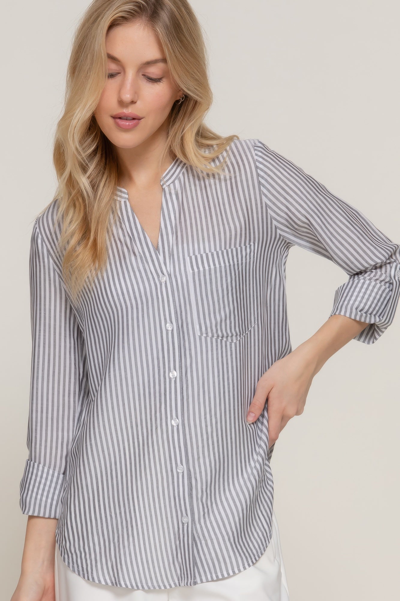 Womens Long Sleeve Shirt Split Round Neck Button Down Pocket Striped Woven Shirt