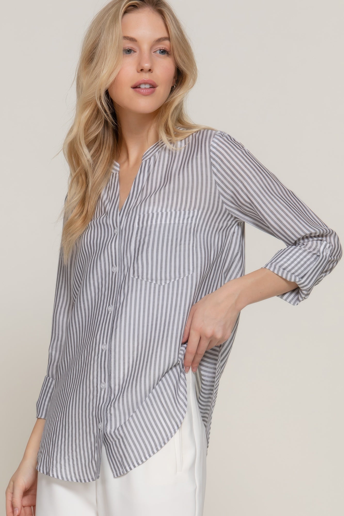 Womens Long Sleeve Shirt Split Round Neck Button Down Pocket Striped Woven Shirt