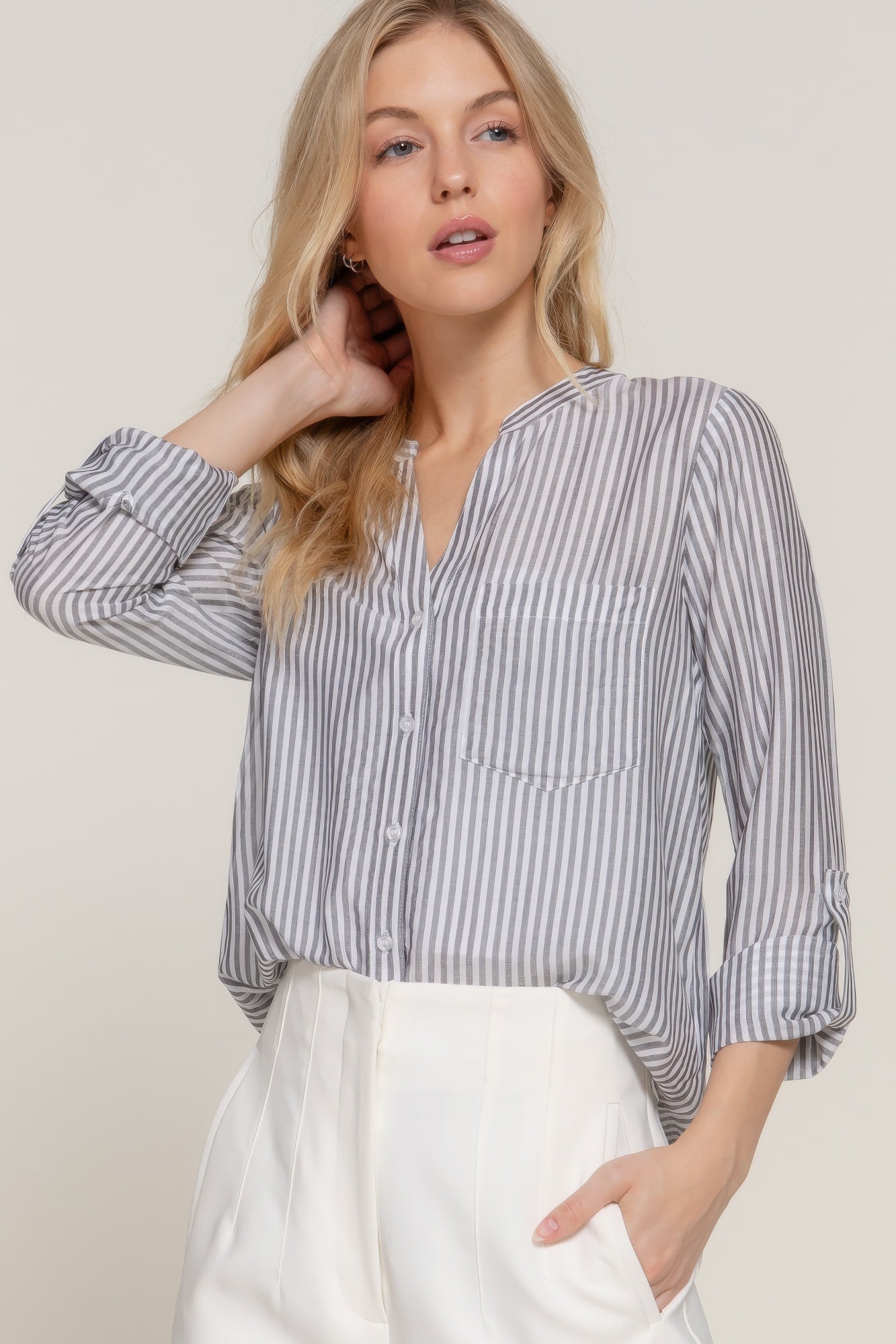 Womens Long Sleeve Shirt Split Round Neck Button Down Pocket Striped Woven Shirt